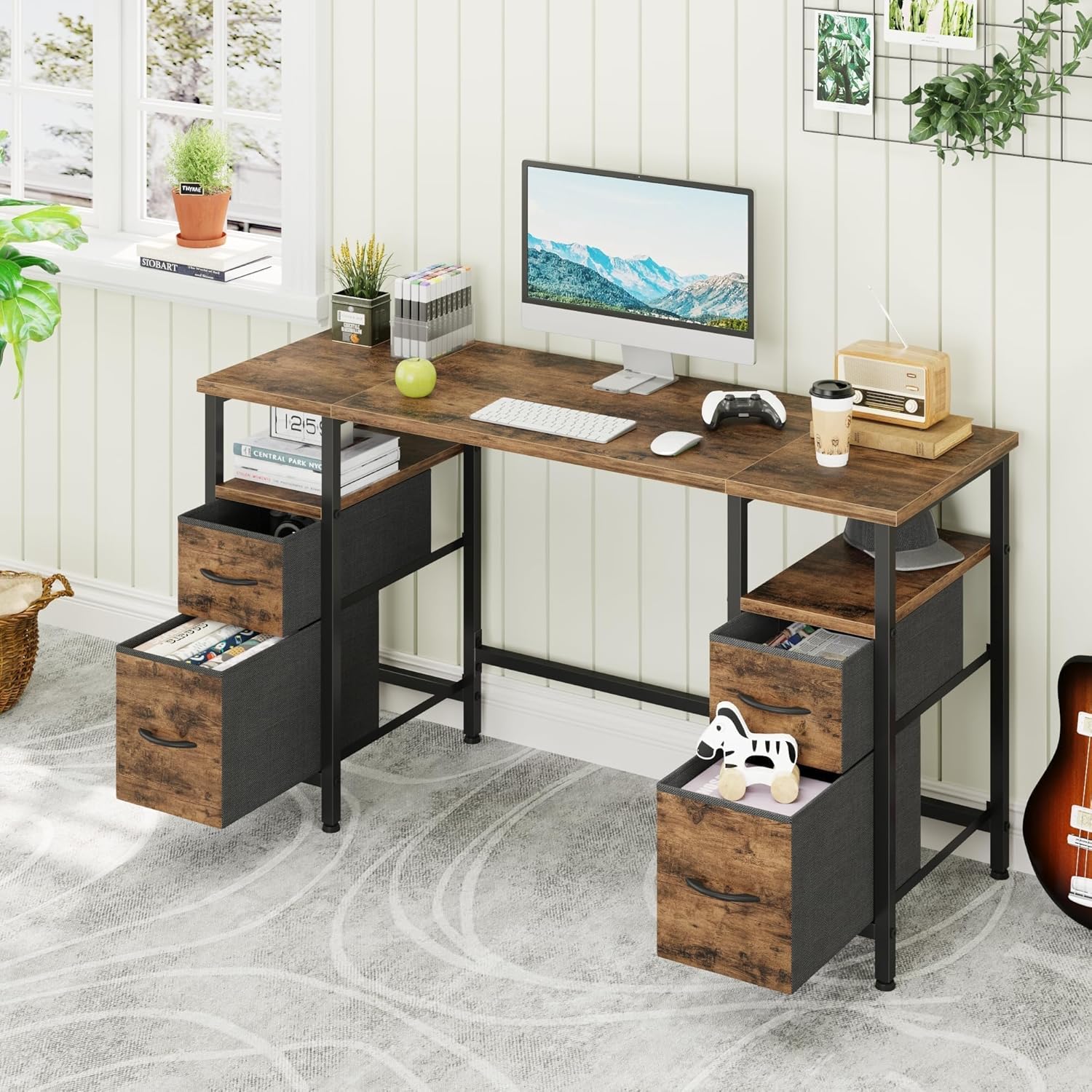 YAOHUOO Office Desk with 4 Fabric Drawers, 55"/140 Desk with File Drawers, Computer Desk with Light-Duty Storage, Industrial Work Desk for Home Office, Rustic Brown - Image 2