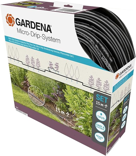 Gardena linia kroplująca do rzędów roślin  zestaw S: system nawadniania ogrodowego Micro-Drip zapewnia oszczędzające wodę, łagodne nawadnianie rzędów roślin (13010-20)