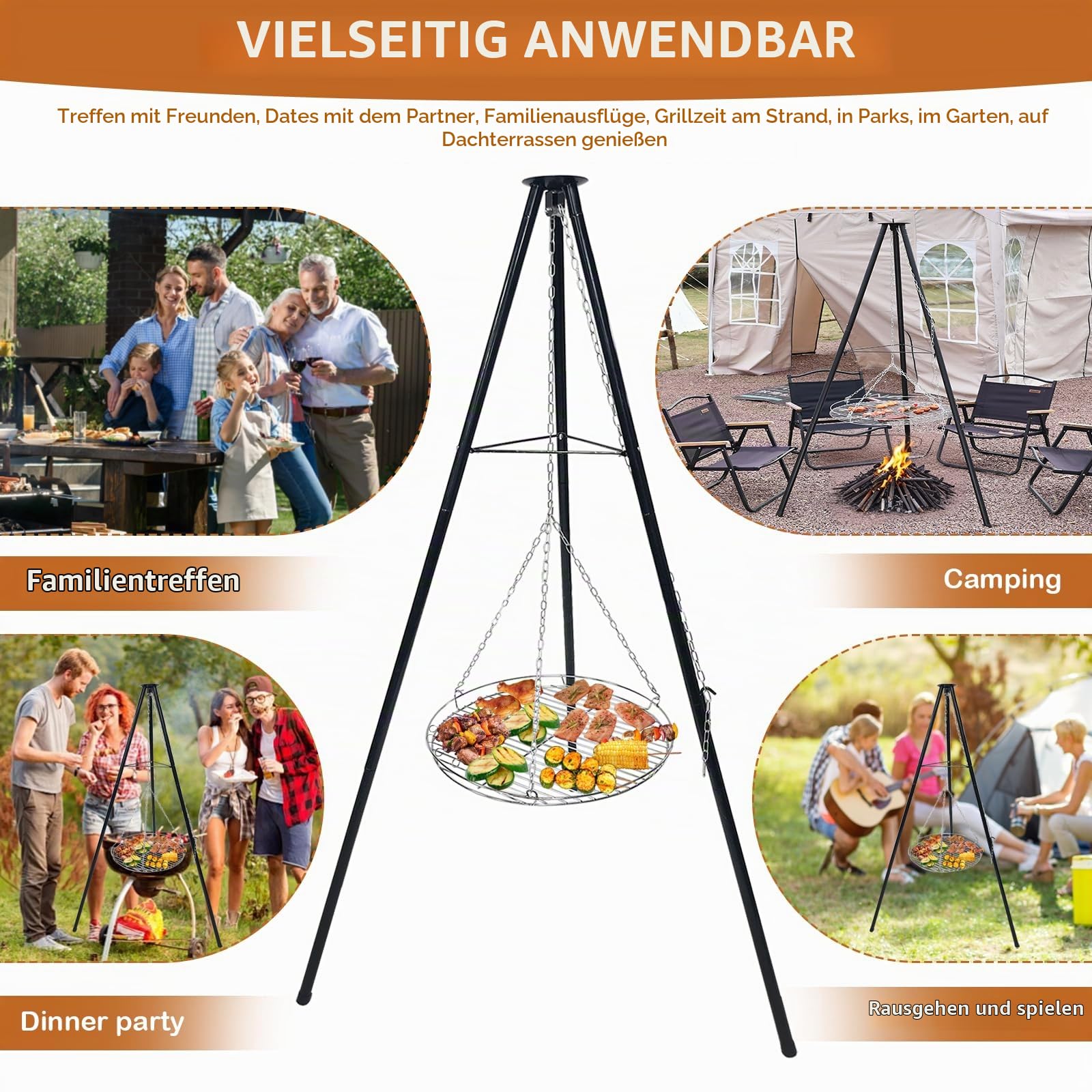 Dreibein Schwenkgrill 150 cm, Ø 48 cm 304 Edelstahl Grillplatte | Mit Kurbel & Kette, Höhenverstellbar, Abnehmbares Grillgestell aus Eisen, Camping & Outdoor, Feuerstelle