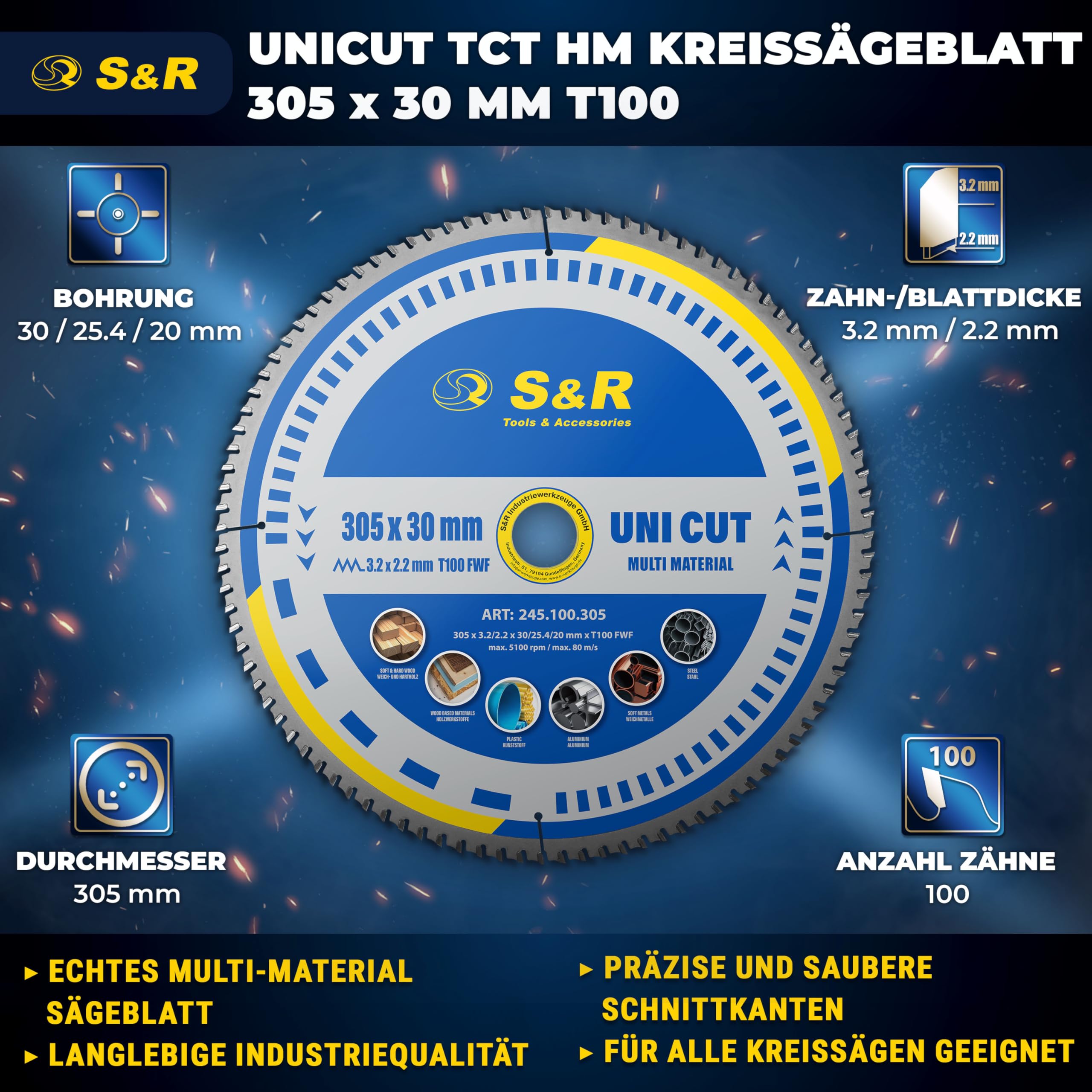 S&R Kreissägeblatt 305 x 30 mm FWF-Design, 100 Wolframkarbid HW Zähne, Universal Multicut Sägeblatt für Holz, 4 mm Baustahl, NE-Metalle, Kunststoff, Aluminium, Mehrzweck-Sägeblatt, Reduzierringe