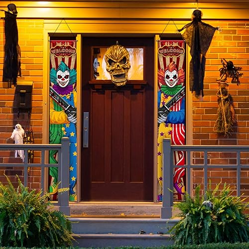 Miniatura 7 de Harloon 2 piezas de decoraciones de carnaval de payaso espeluznante para Halloween, circo, payaso, porche, pancartas colgantes para decoración de