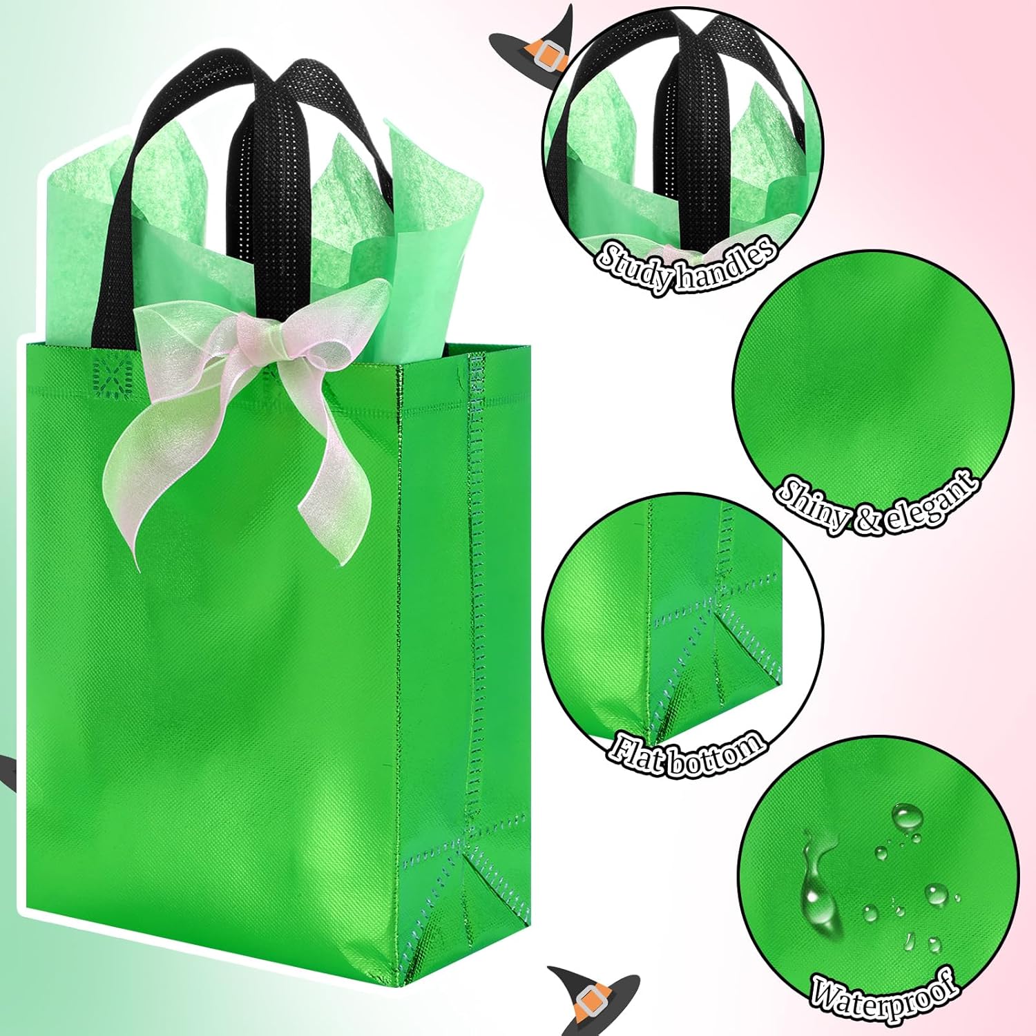 Sweetude 24 Pcs Shiny Green and Pink Reusable Gift Bags with Handles Tissue Paper Holographic Witch Princess Themed Party Favor Bags for Birthday Decorations - Image 3