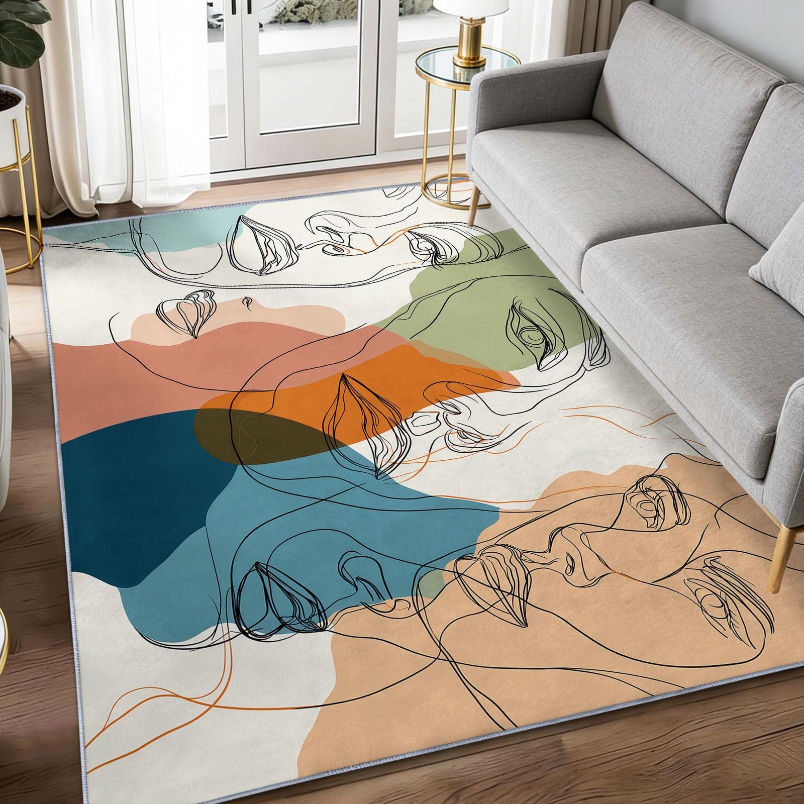 Tapis de salon lavable 140x200cm à visage abstrait et poils courts