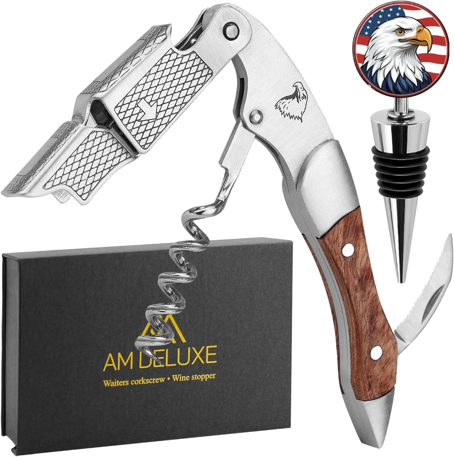 Patriotic 2-Piece Wine Accessory Gift Set: Professional Waiters Corkscrew Wine Opener & Wine Bottle Stopper - Double-Hinged Stainless Steel & Rosewood with Foil Cutter. Americana Wine Kit
