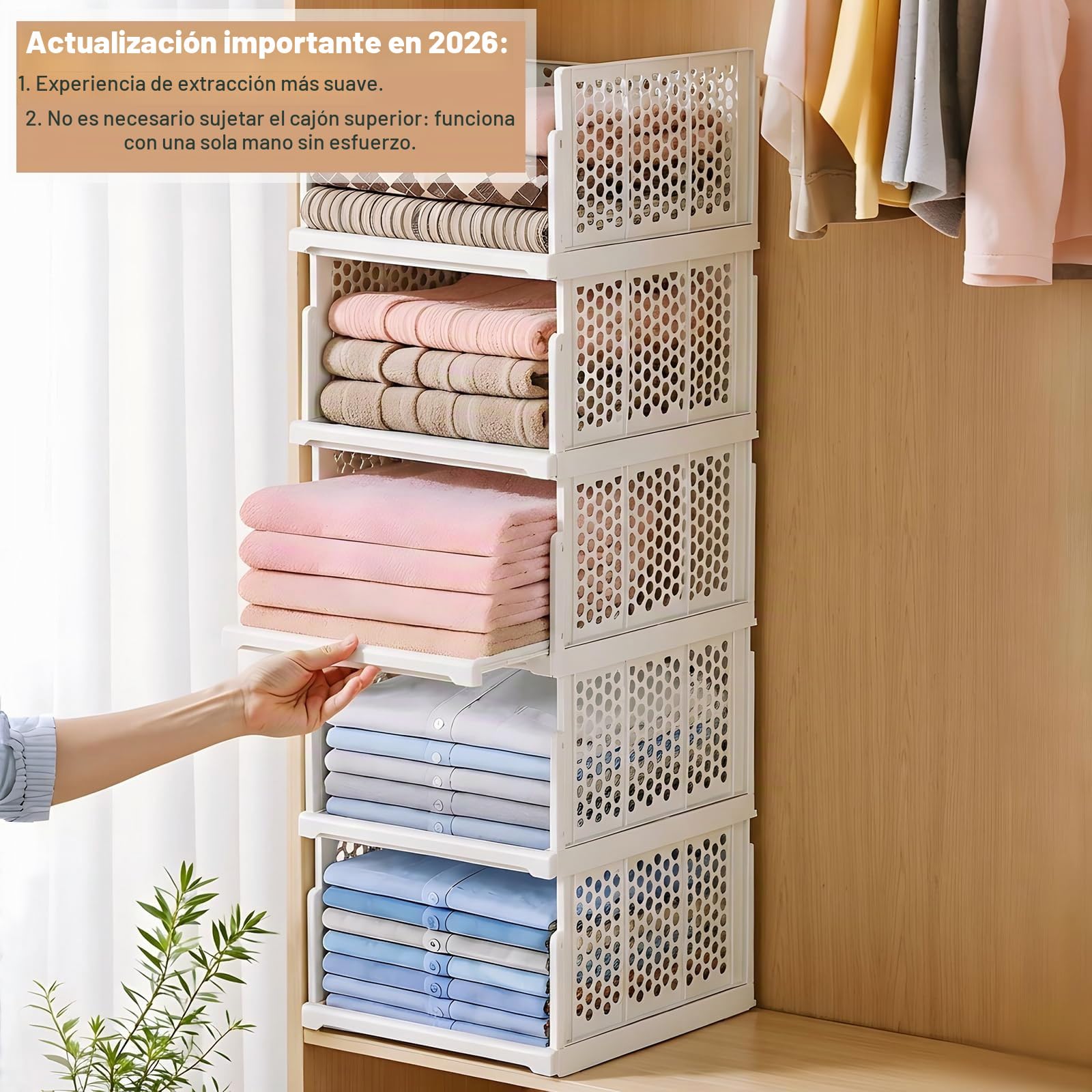 Paquete de 5 organizadores de almacenamiento para armario, organizadores plegables de armario, cajas de almacenamiento plegables apilables, organizador de cajones de plástico, cesta de ropa