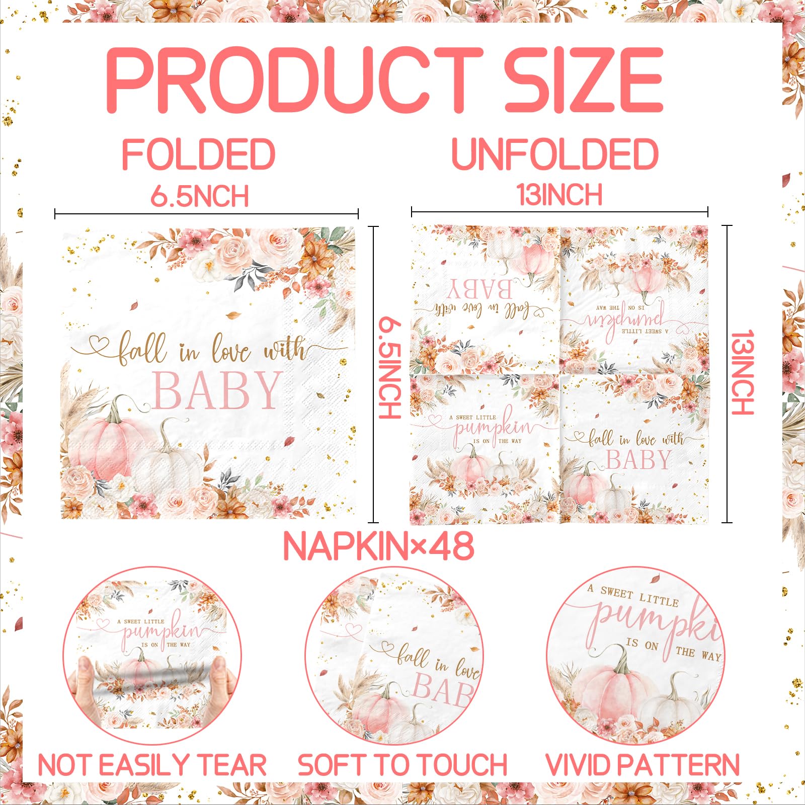 48Pcs Pink A Sweet Little Pumpkin is On The Way Napkins for Girls, Boho Little Pumpkin Baby Shower Decorations Fall Baby Shower Napkins Paper for Autumn Thanksgiving Party Dinner Kitchen Bathroom