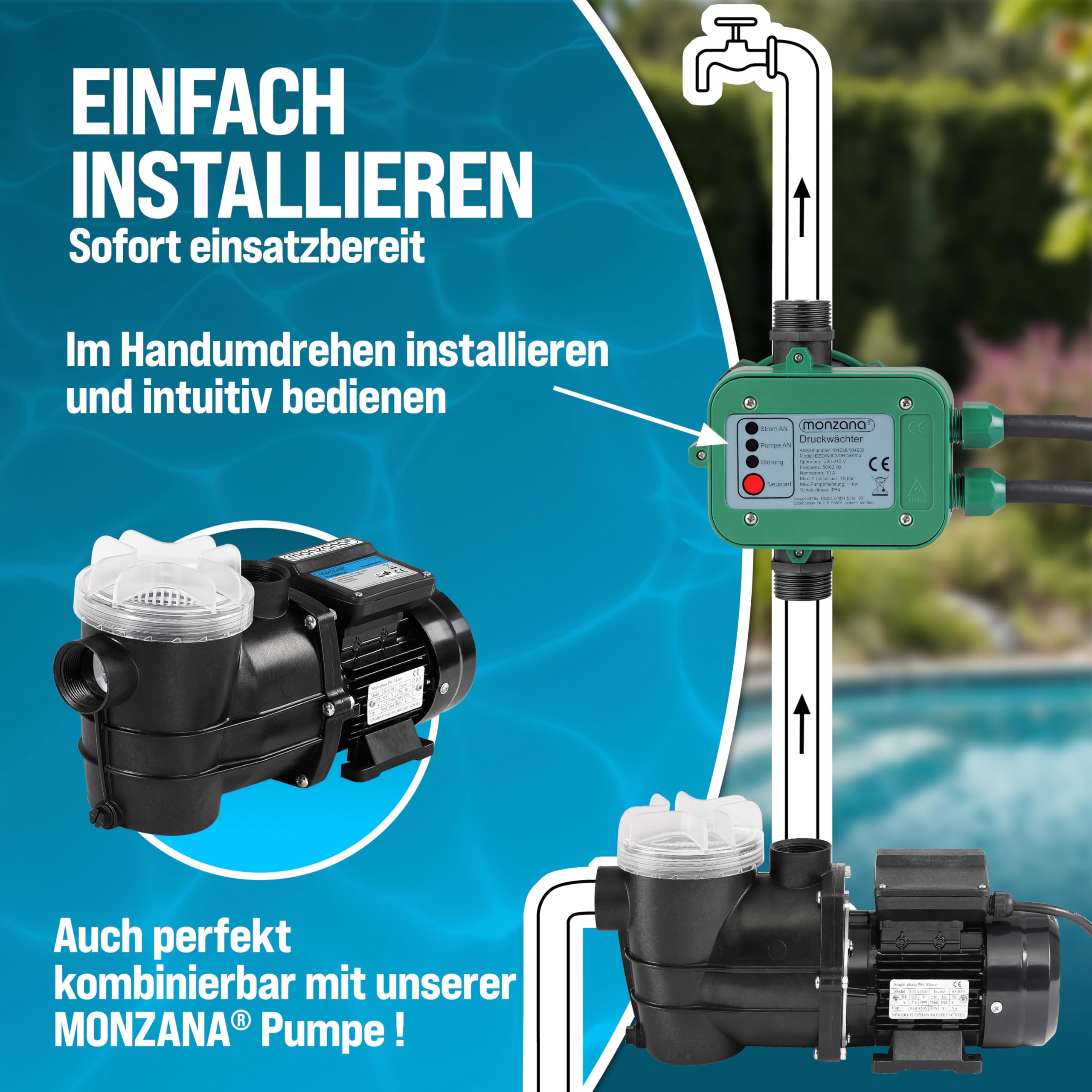MONZANA® Druckschalter Wasserpumpe mit Kabel 10 Bar Trockenlaufschutz Pumpensteuerung Hauswasserwerk Druckwächter Gartenpumpe Drucktaster