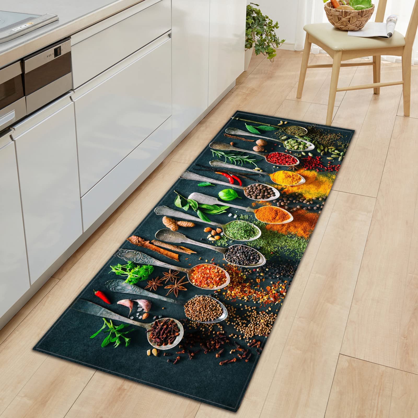 Läufer rutschfestes Küchenmatten Gewürze & Löffel Barrier Teppiche mit Gummirücken saugfähig waschbarer Teppich für Flur Küche Eingang 60 x 180cm