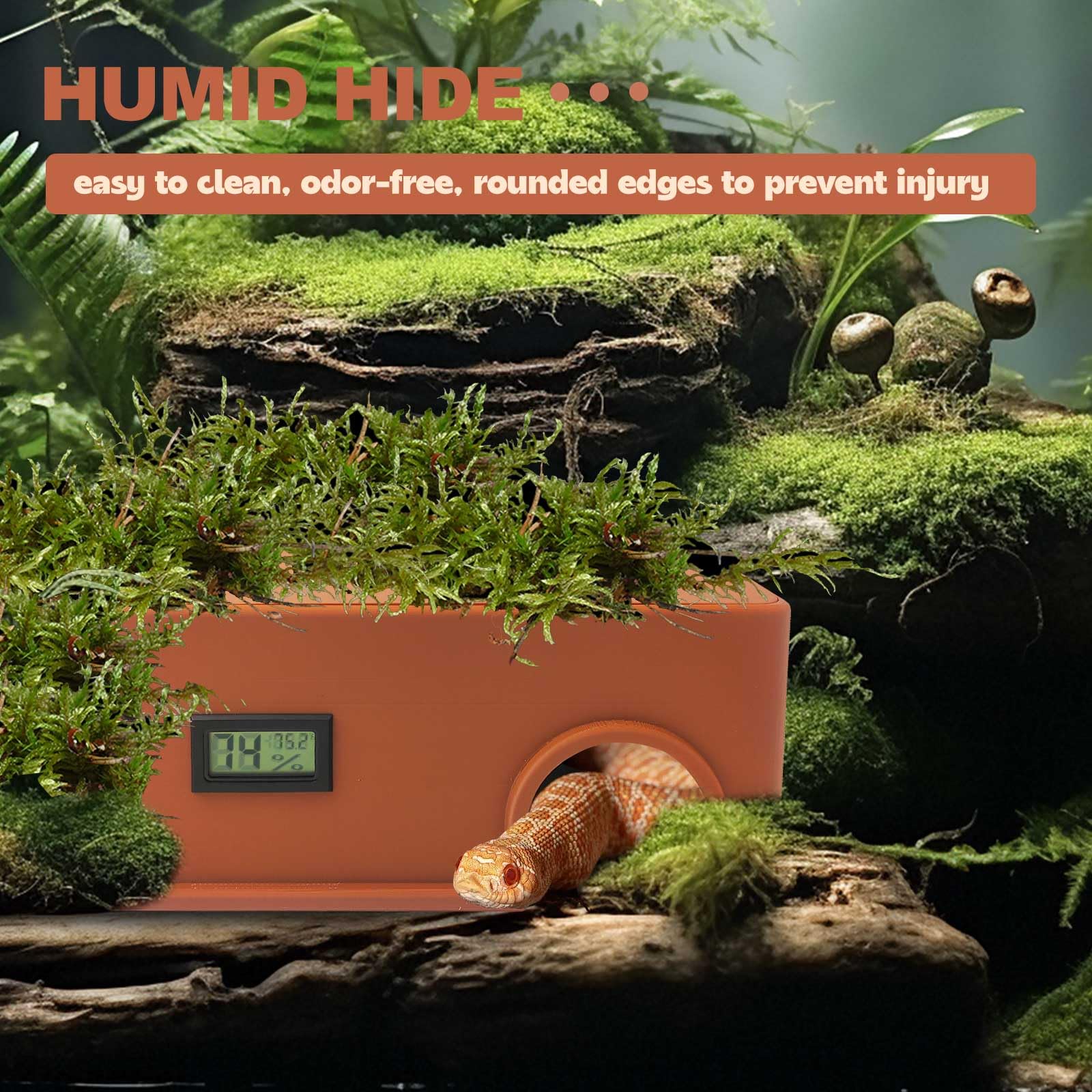Piel de serpiente para reptiles, con una ranura de humidificación equipada con un sensor de temperatura y humedad, escondite húmedo para serpientes, pitones juveniles, lagartos, gecos leopardo y otros