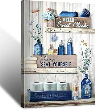 BFKDKG Navy Blue Bathroom Decor! Rustic Blue Bathroom Canvas Wall Decor & Please Seat Yourself Sign Print - Vintage Aesthetic Picture Artwork Decor 16x24in