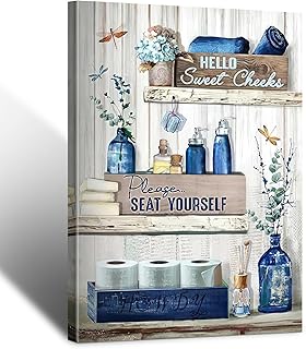 BFKDKG Navy Blue Bathroom Decorative Wall Art Rustic Blue Bathroom Canvas Wall Decorative Please Sit In Your Own Logo Painting Painting Retro Aesthetic Pictures Artwork Decoration (12x16in)