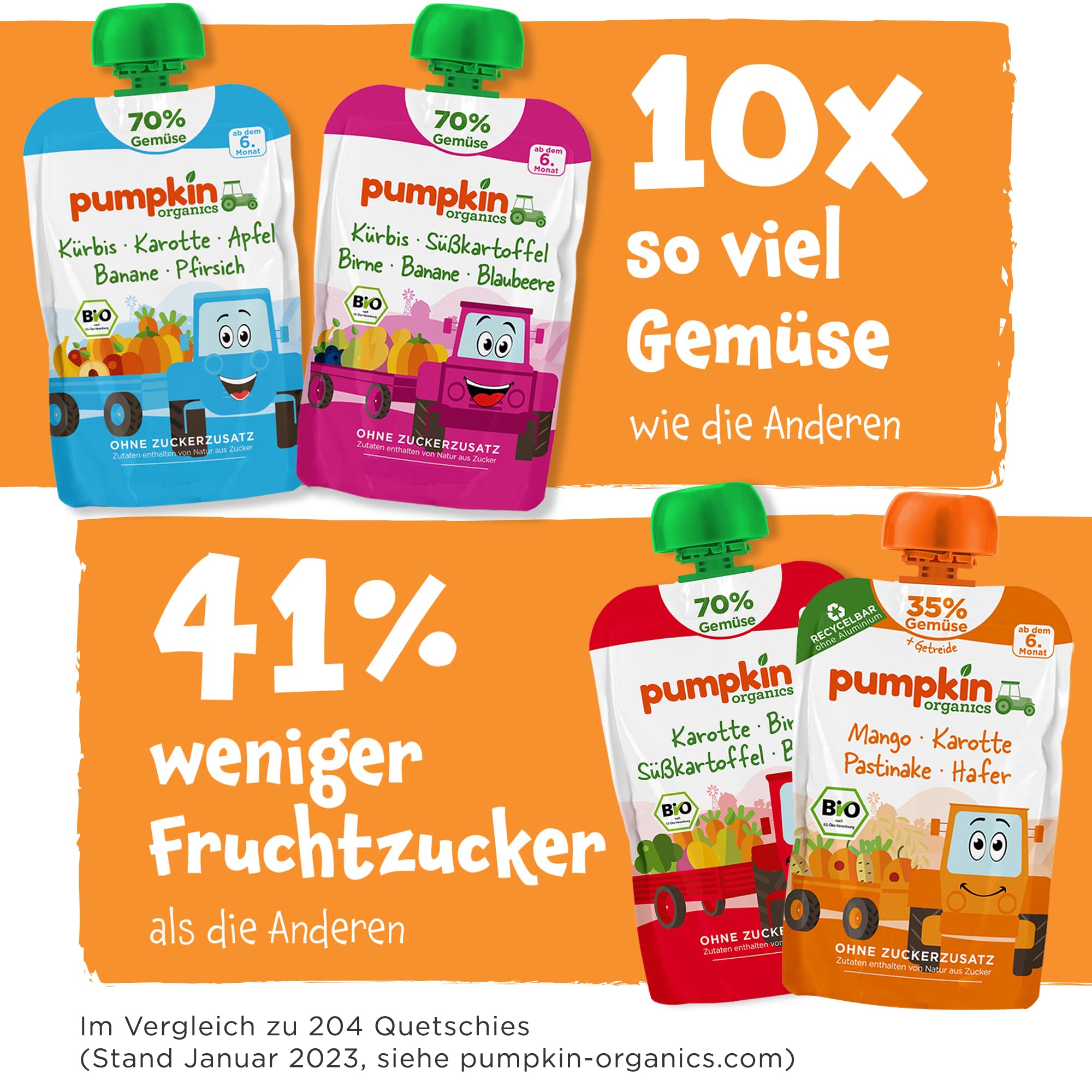 Pumpkin Organics 24er Pack ERSTE LIEBE Bio Gemüse-Quetschies mit 1 Löffelaufsatz - Quetschie ohne Zuckerzusatz¹ - Beikost unterwegs - für Babys ab dem 6. Monat - Kennenlernpaket (24x100g)