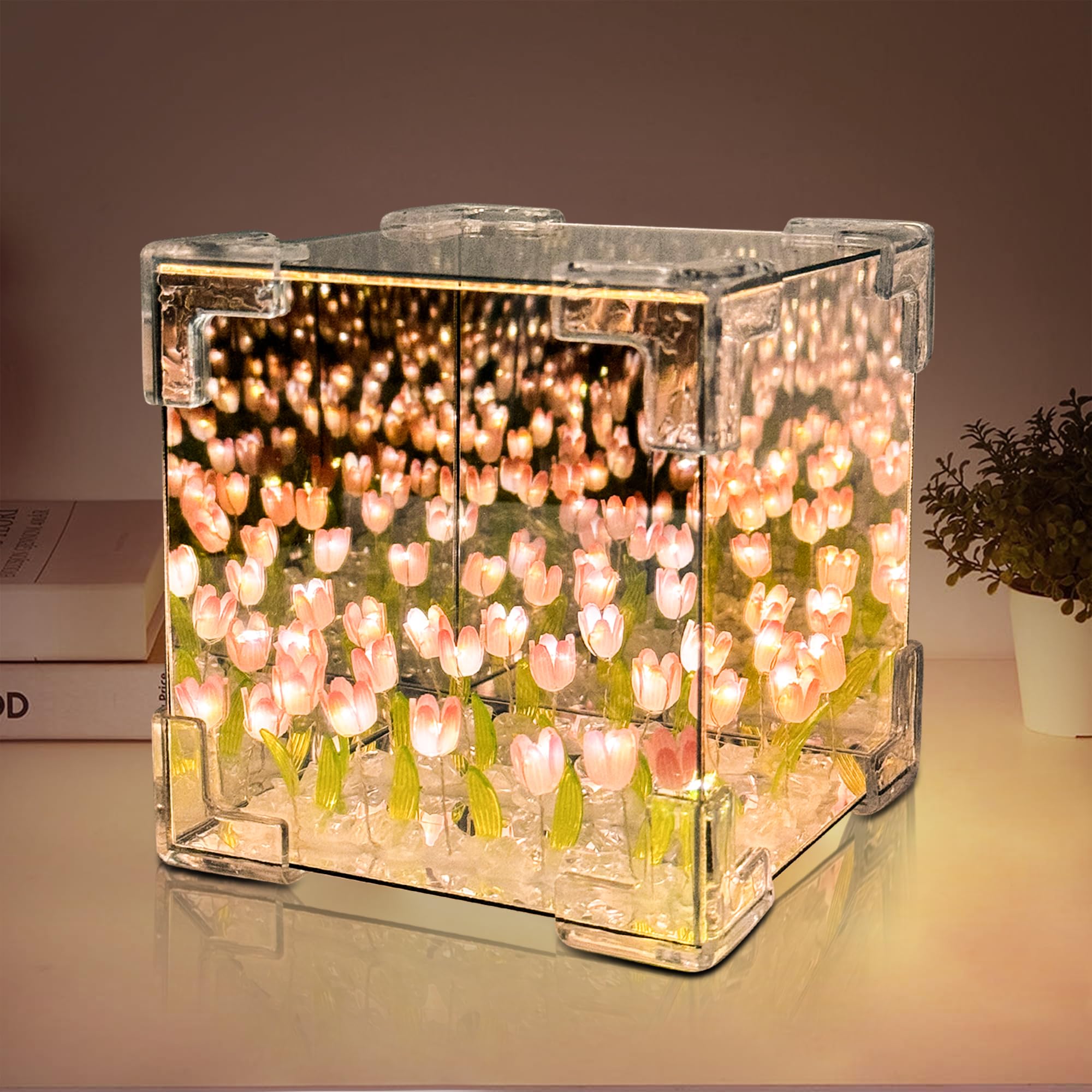 DIY Tulips Cube Mirror Lamp,Finished Tulip Night Light,Handmade Tulip Flower Magic Lights,Bedroom Living Room Desktop Decor for Mom,Girl,Couple,Friend Birthday Gift(Includes 13 LR44 Button Batteries)