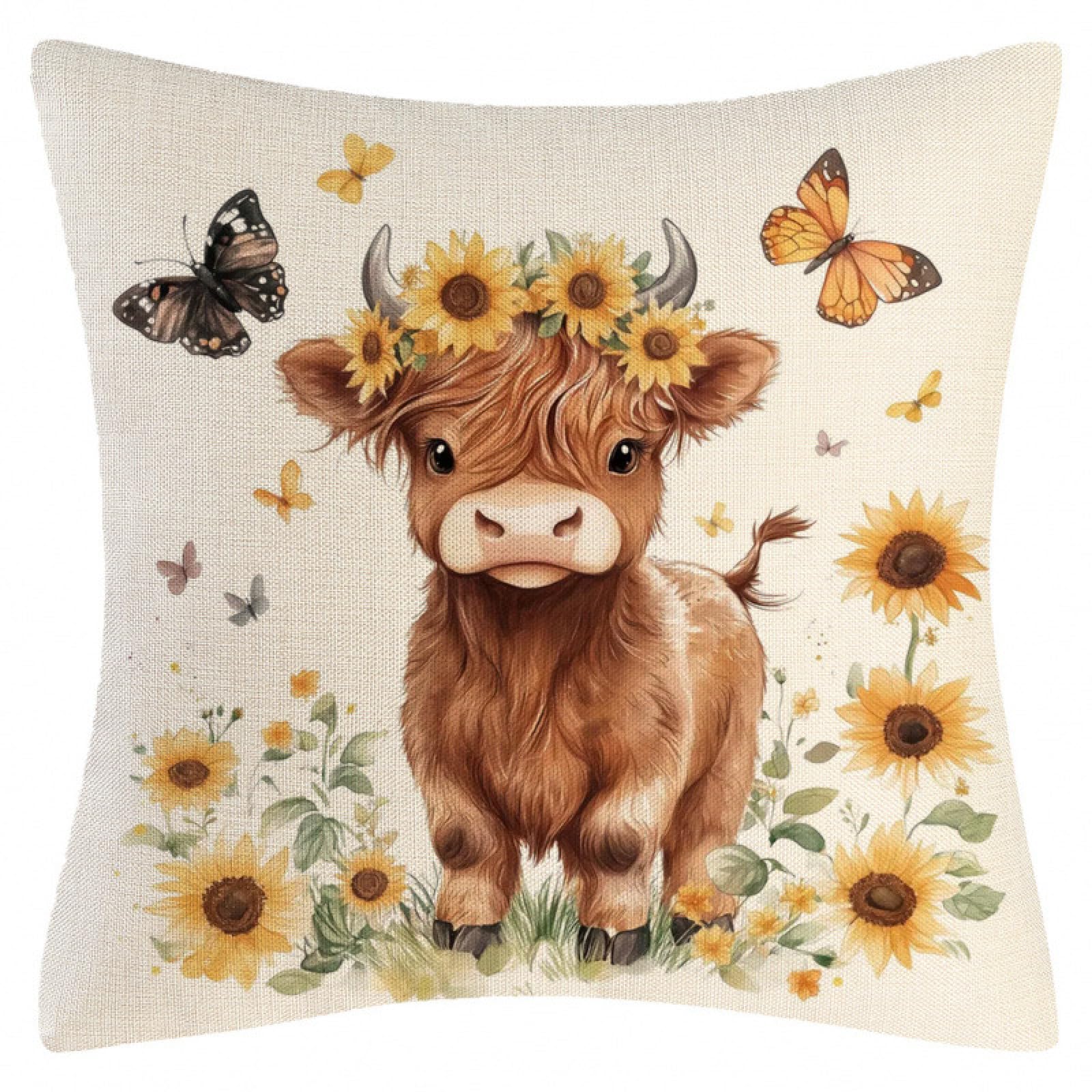 Cushion Covers 40cm x 40cm Yellow Sunflower Animals Decorative Pillows Linen Square Sofa Bed Cushions with Invisible Zipper Throw Pillow for Living Room Outdoor Pillowcases
