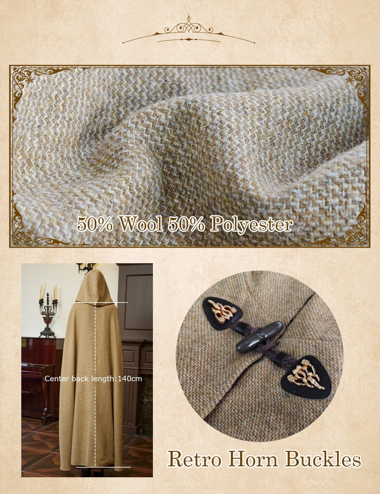 BEAUTELICATE Mittelalter Umhang mit Kapuze Damen Herren Retro Unisex Wollmischung Umhang Cape Lange für Hobbit Kostüm Larp Kleidung Wikinger Halloween Karneval Cosplay Kostüm