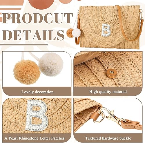 Miniatura 7 de Hosuly Bolsas con iniciales para mujer, bolsa de hombro de paja para playa, bolso de verano para regalo de cumpleaños, despedida de soltera