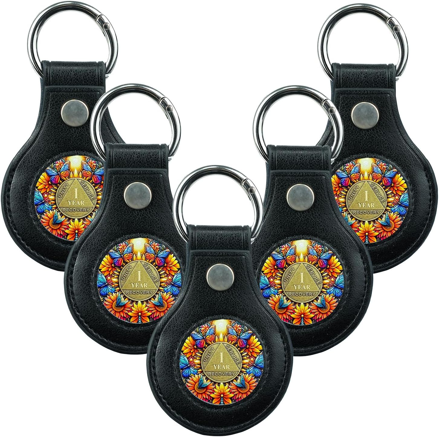 5Pcs Premium Leather Coin Holder - Handmade Sobriety AA Coins Chip Keychain - Displays Both Sides of Sober Token Medallion Pet Challenge Coin - Black Waterproof Scratchproof Soft PVC Key Ring