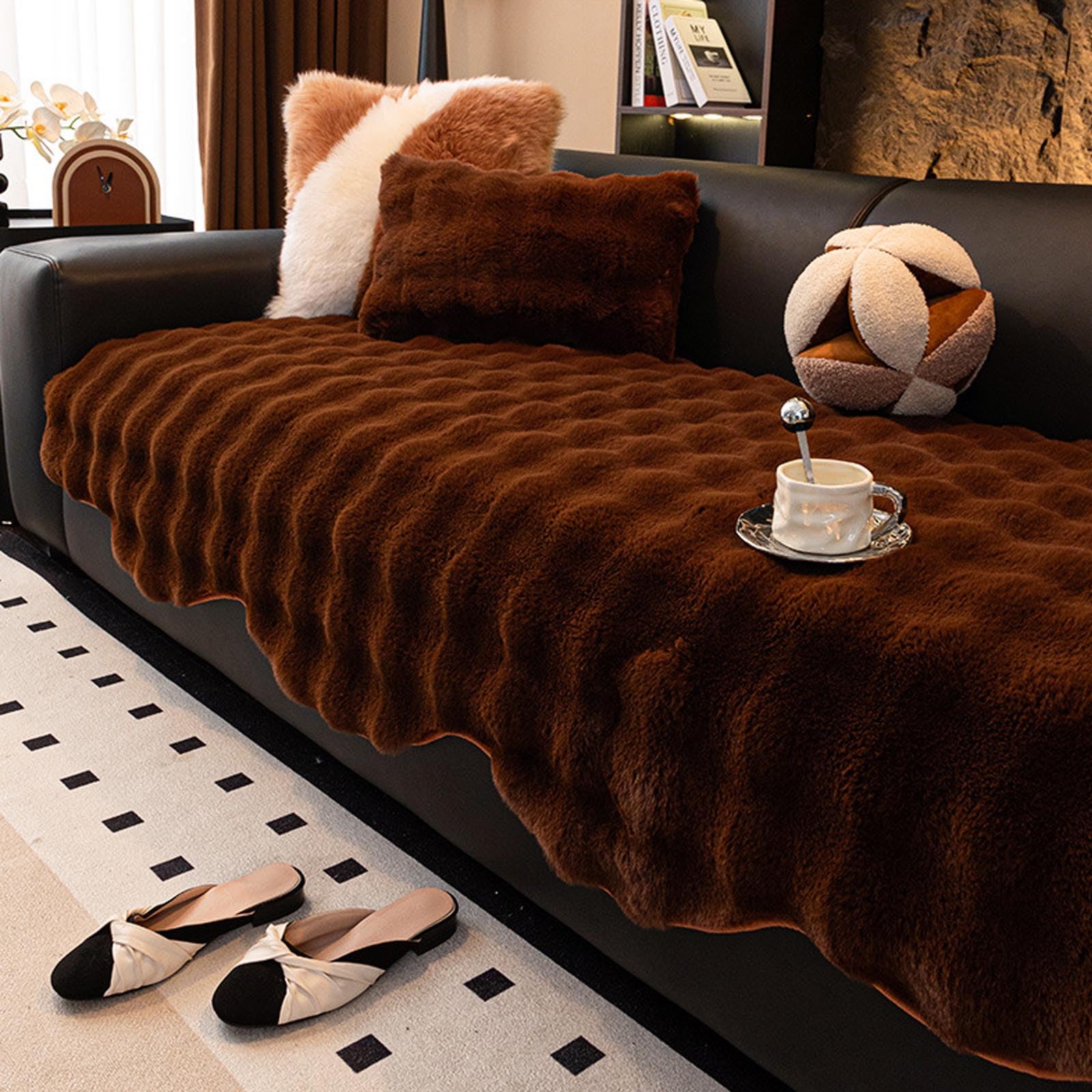 Housse de canapé en peluche épaissie 1 à 5 places marron foncé 90x120cm
