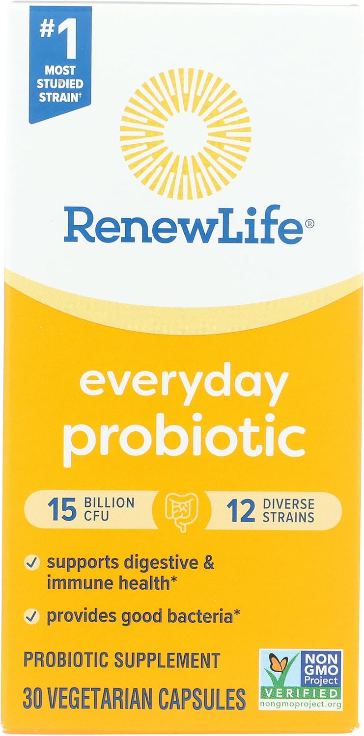 Renew Life Everyday Probiotic Capsules, Daily Supplement Supports Urinary, Digestive and Immune Health, L. Rhamnosus GG, Dairy, Soy and Gluten-Free, 15 Billion CFU, 30 Count