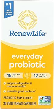 Renew Life Everyday Probiotic Capsules, Daily Supplement Supports Urinary, Digestive and Immune Health, L. Rhamnosus GG, Dairy, Soy and Gluten-Free, 15 Billion CFU, 30 Count