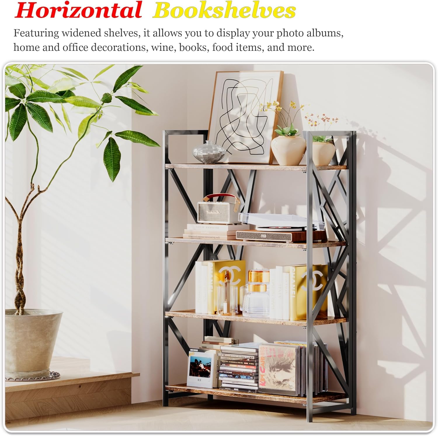 UDD No Assembly Wide Folding Bookshelf, 50.8" H x 30.9" W, 4 Tier Foldable Book Shelf Industrial Bookcase, Vintage Collapsible Storage Shelves for Home Office Living Room Bedroom, Rustic Brown Black