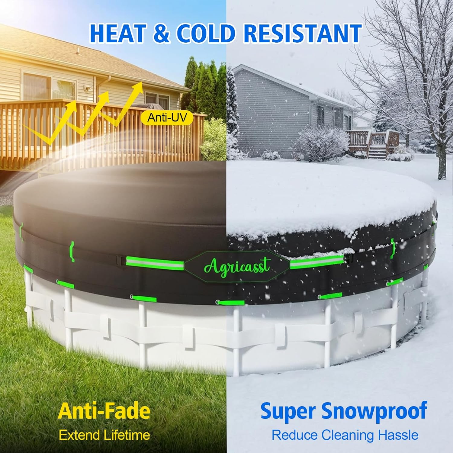 8ft Round Pool Cover for Above Ground Pools, 420D Heavy Duty Solar Pool Cover with Windproof Strap Tensioner & Velcro Stickers, Side Seamless Tear Resistant, Weatherproof & UV Resistant