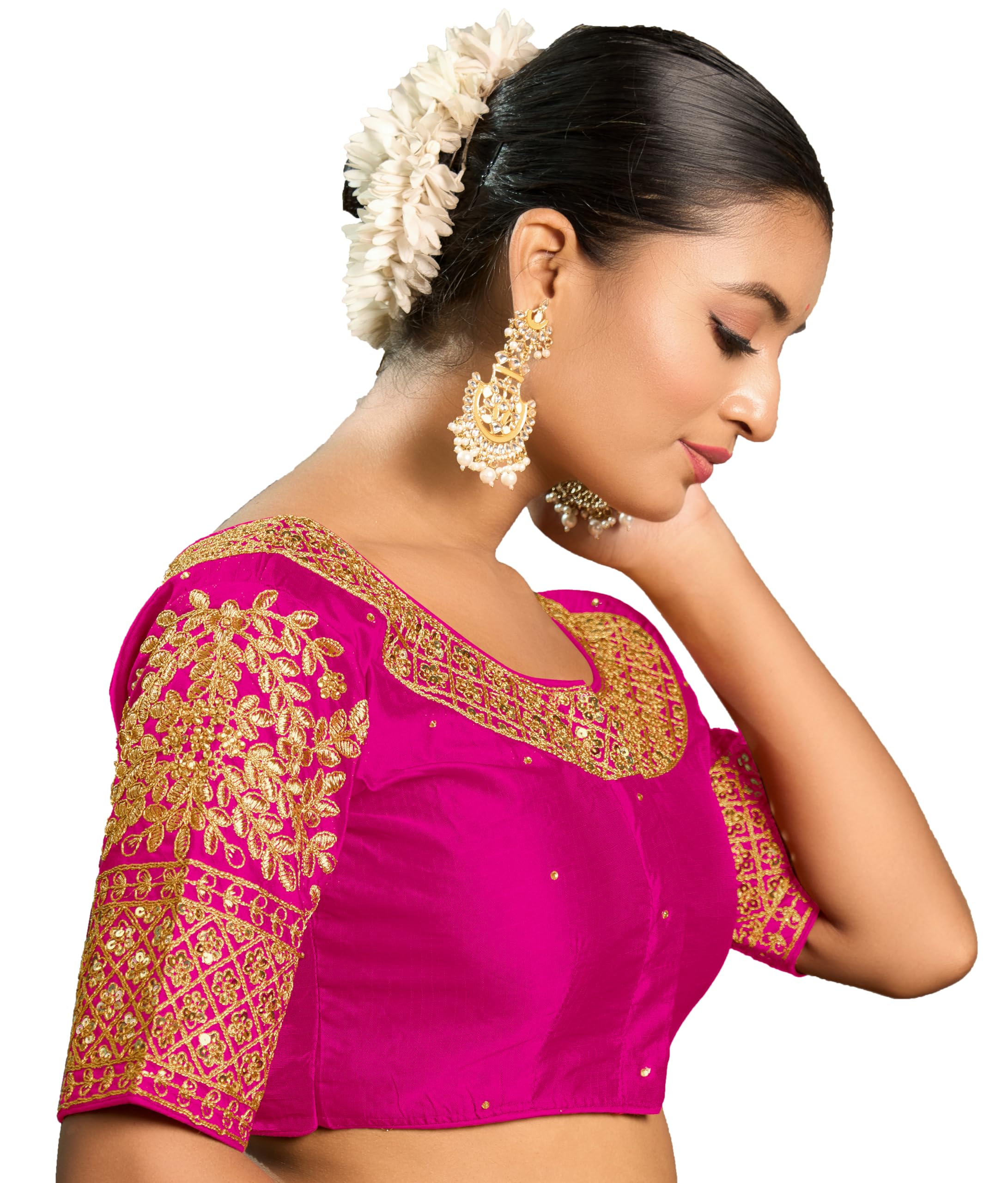 Pujia Mills Women's Heavy Embroidery Coding With Sequins Work Half Sleeves Fancy Readymade Saree Blouse (Pink, 38)