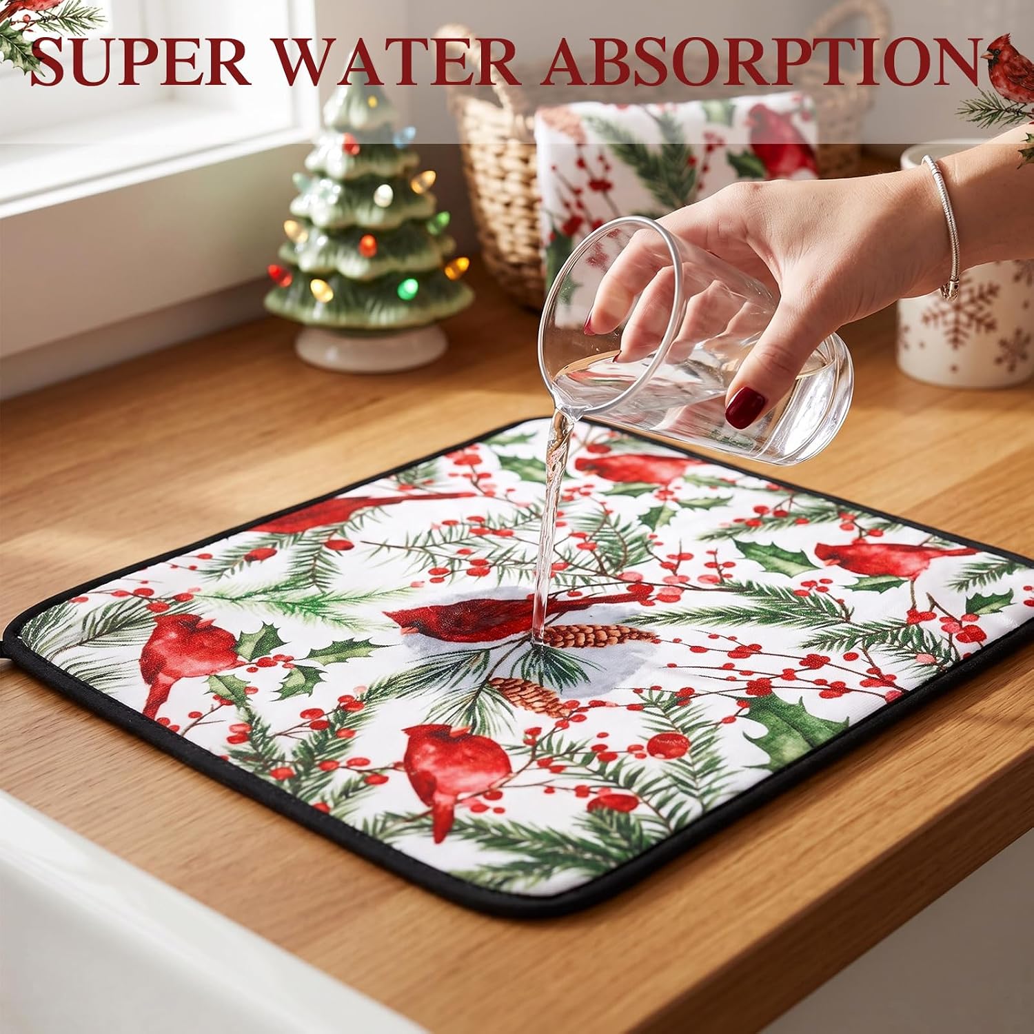 Breling Christmas Dish Drying Mat, Cardinal Drying Mat for Kitchen Decor image 4