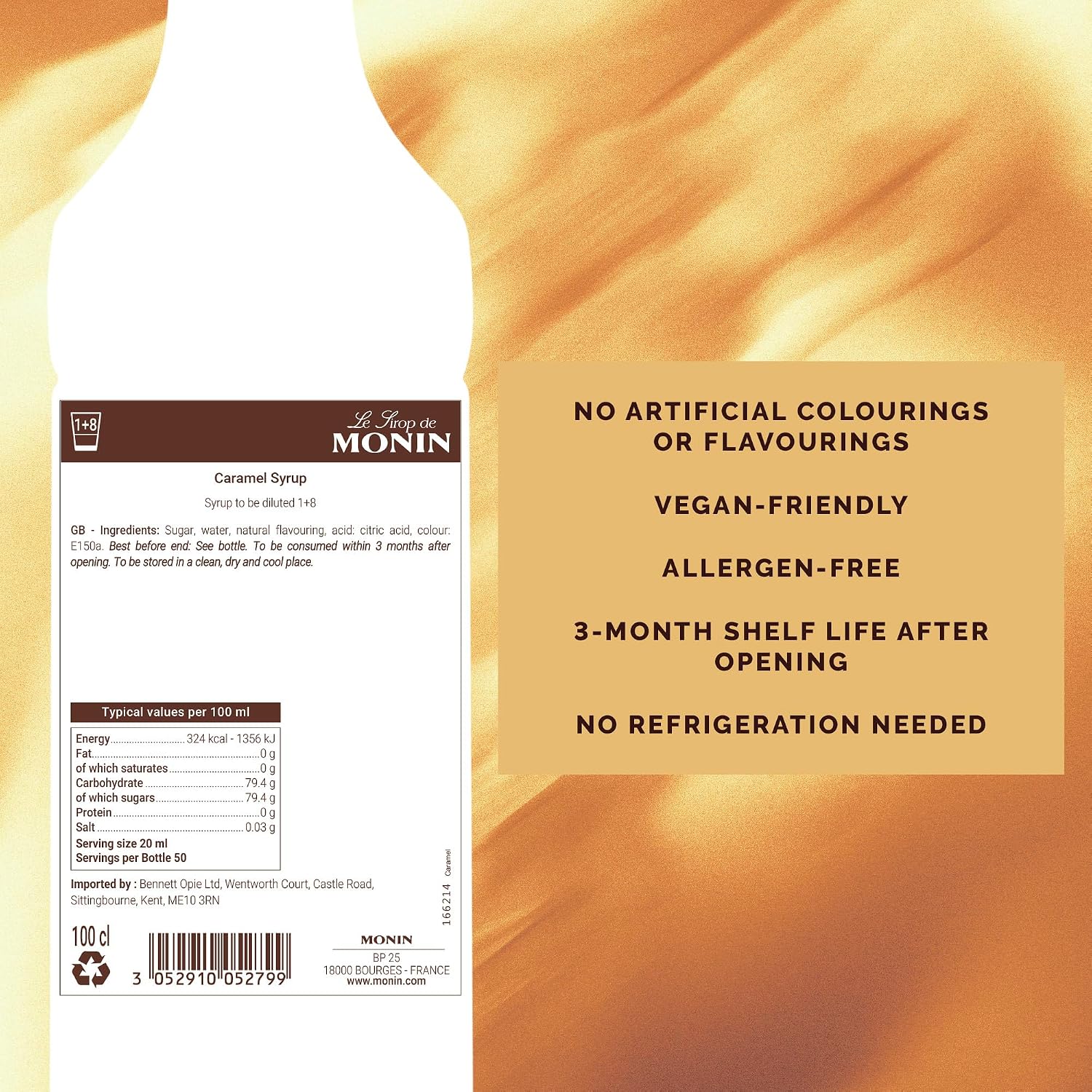 MONIN Premium Caramel Syrup 1L, for Lattes, Frappes, Desserts, Vegan - View 8
