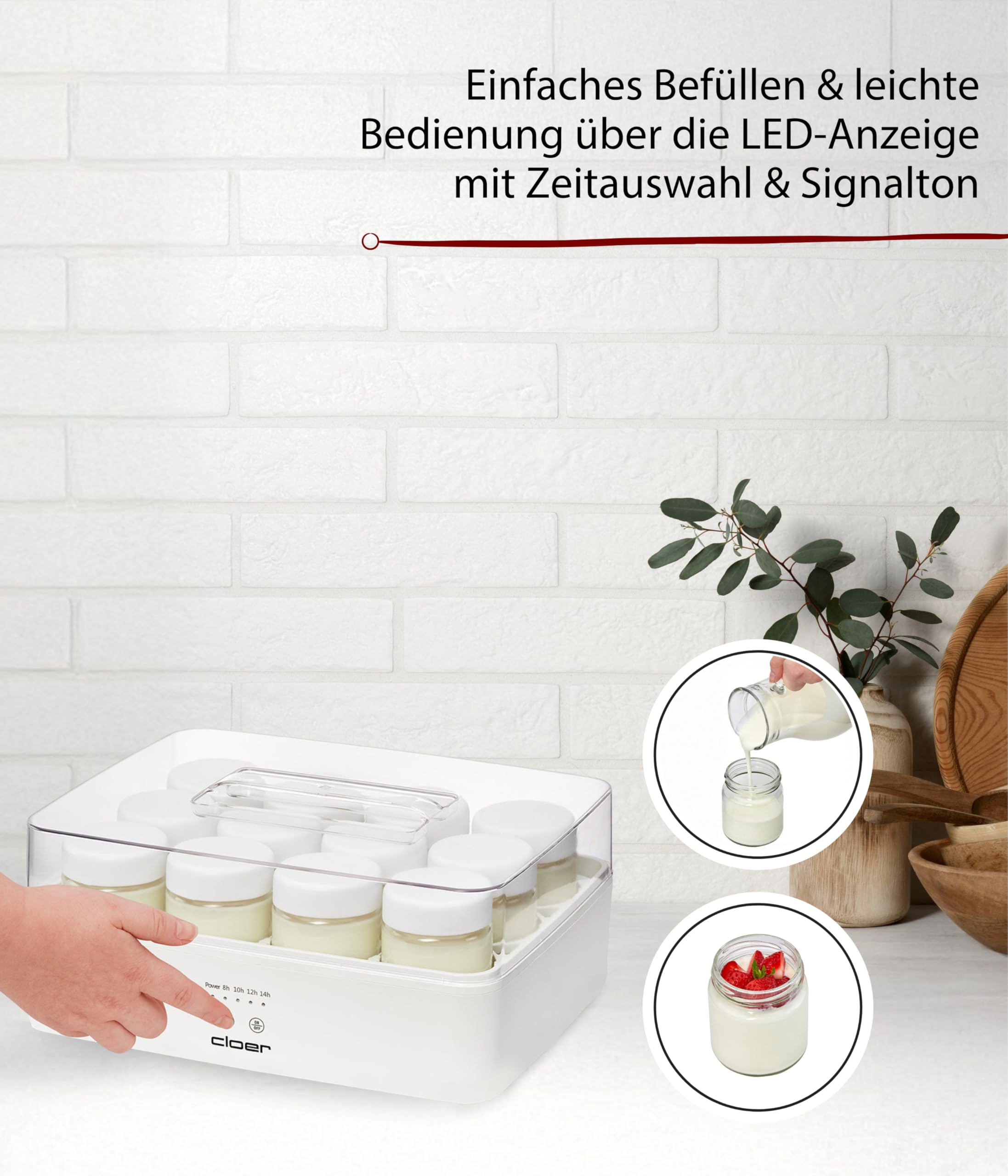 Cloer 9921 Yaourtière pour 12 pots, chacun 150 ml de capacité, pour yaourts et ferments, minuterie, 8 à 14 heures, boîtier en plastique blanc, 17 W, couvercle transparent