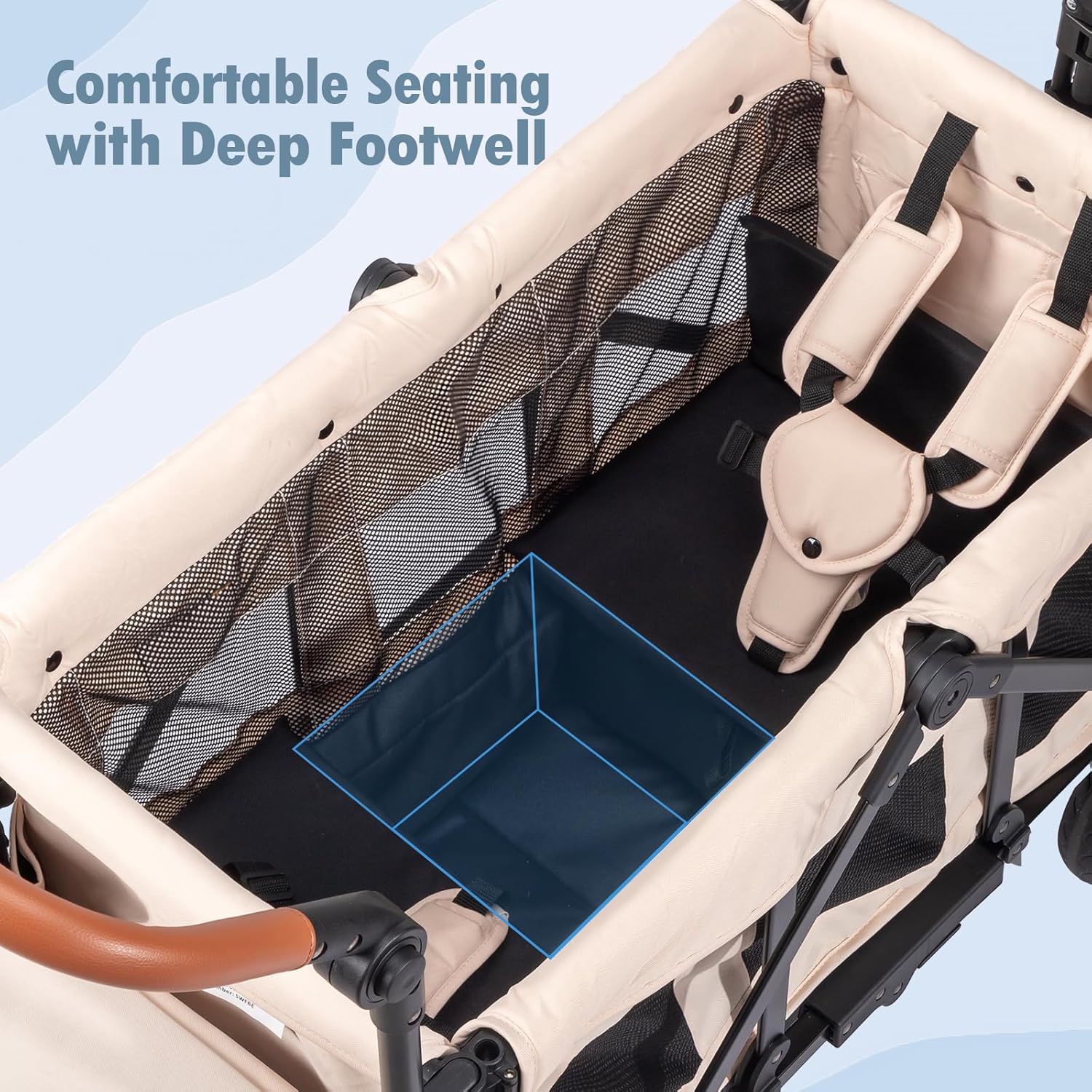 Stroller Wagon for 2 Kids with Footwell, Foldable All-Terrain Wagon Stroller with Adjustable Push/Pull Handle, Parent Organizer, 5-Point Harness, Ideal for Travel & Outdoor Adventures (Clasic Oat)