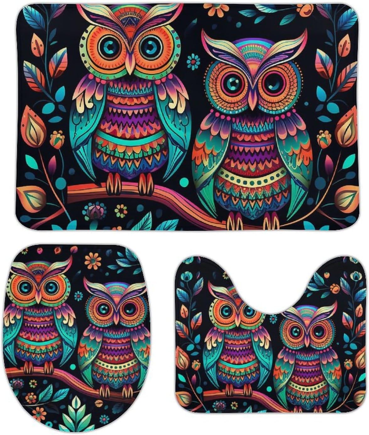Anti-Skid Floor Mats 3 Piece Set,Colorful Owl Pictures Printed Coral Fleece Bathroom Mats U-Shaped Contour Mat Toilet Seat Cover for Bathroom, Tub, Shower, Kitchen 19.7"x31.5"