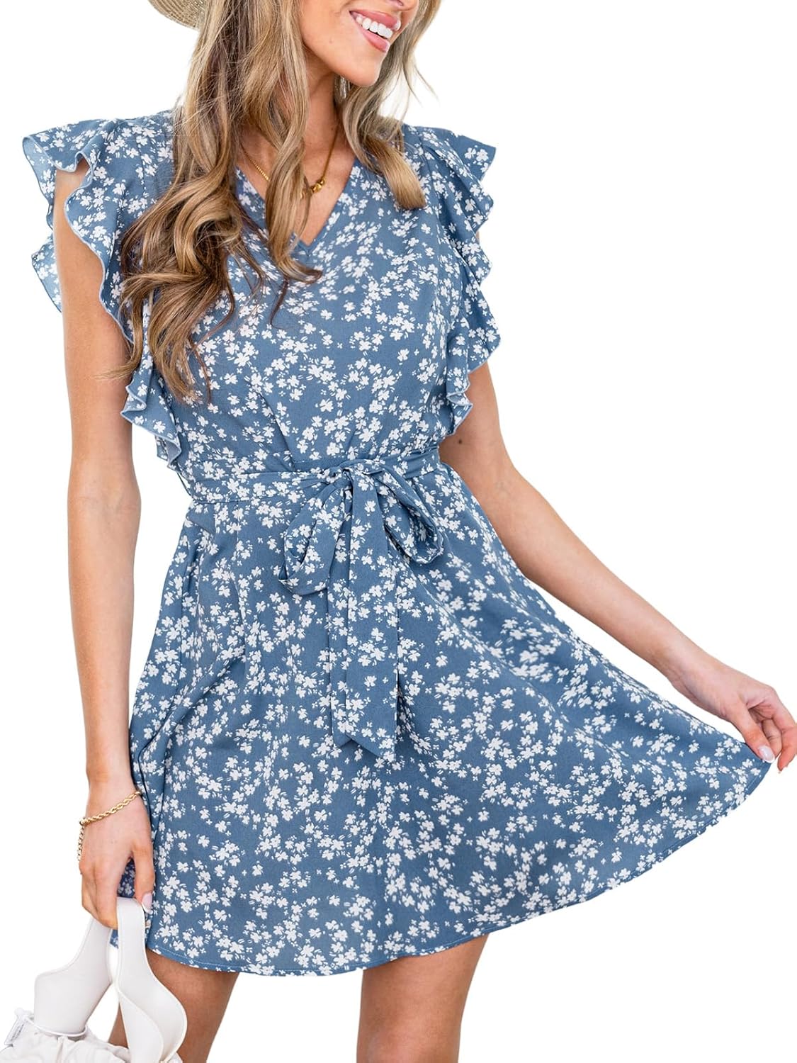 CUPSHE Women Floral Summer Dress 2025 V Neck Ruffle Flutter Sleeve Waist Tie Casual Sundress Holiday Vacation Mini Dress