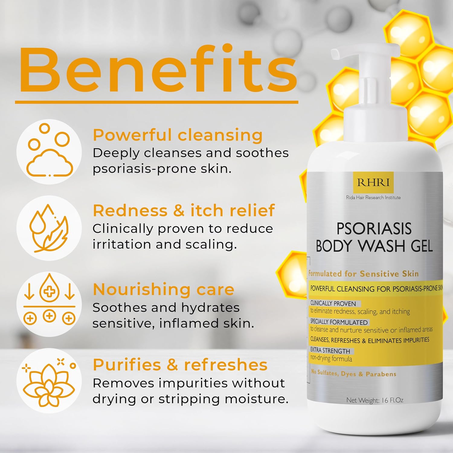 Body Wash | Psoriasis Treatment For Skin | Psoriasis Body Gel | Foaming Cleanser For Dry, Itchy, Red, Flaky, Scaly Skin w/Scrubber