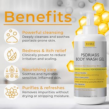 Body Wash | Psoriasis Treatment For Skin | Psoriasis Body Gel | Foaming Cleanser For Dry, Itchy, Red, Flaky, Scaly Skin w/Scrubber