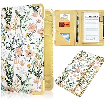 Server Book, Painted Server Books for Waitress, Durable Leather Waitess Book with Zipper Pocket,Server Manual Checkbook Fits Server Apron Flower and Grass, 5in*8in