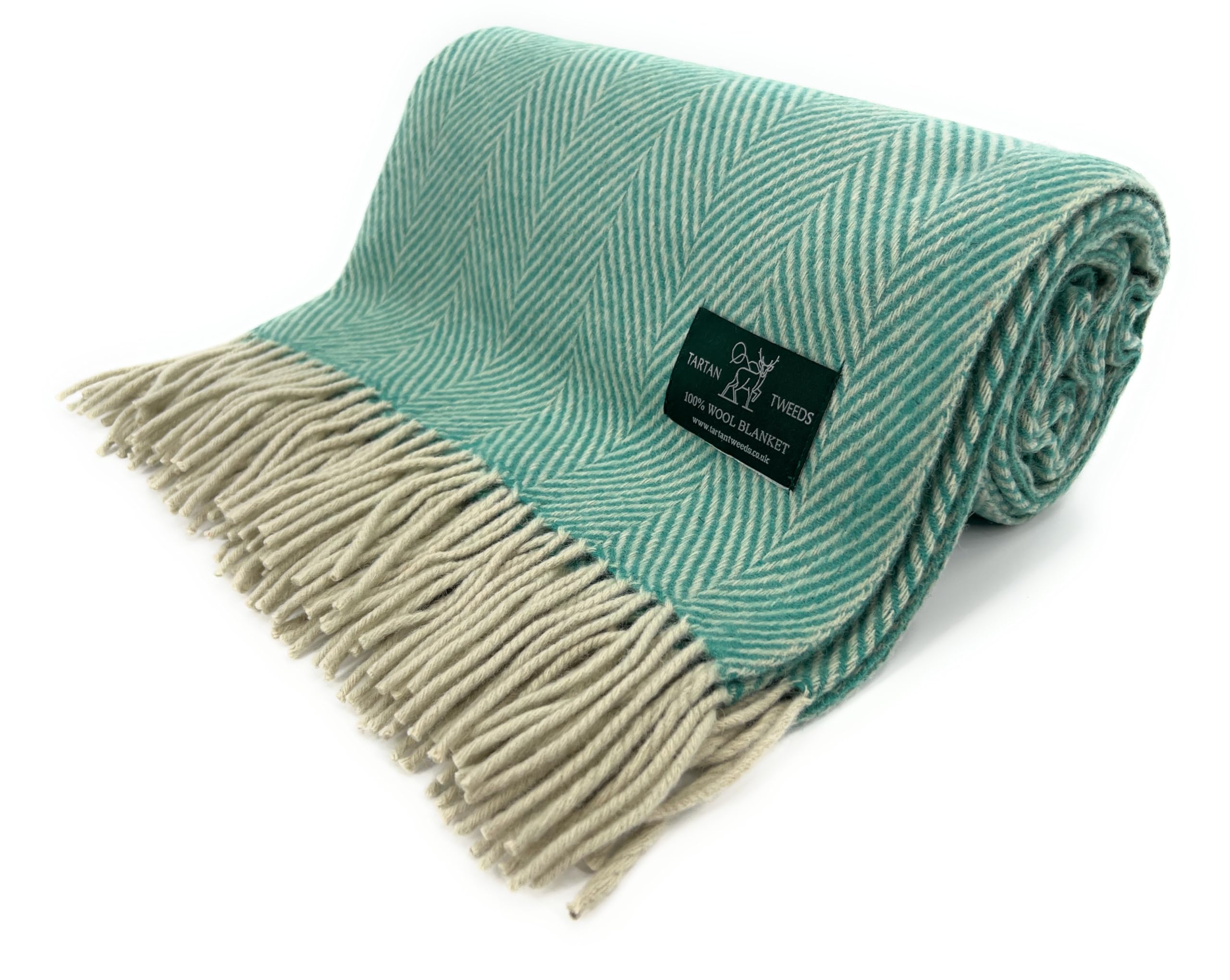 Tartan Tweeds Herringbone Wool Full Size Blanket Throw, Travel Size (Sea Green)