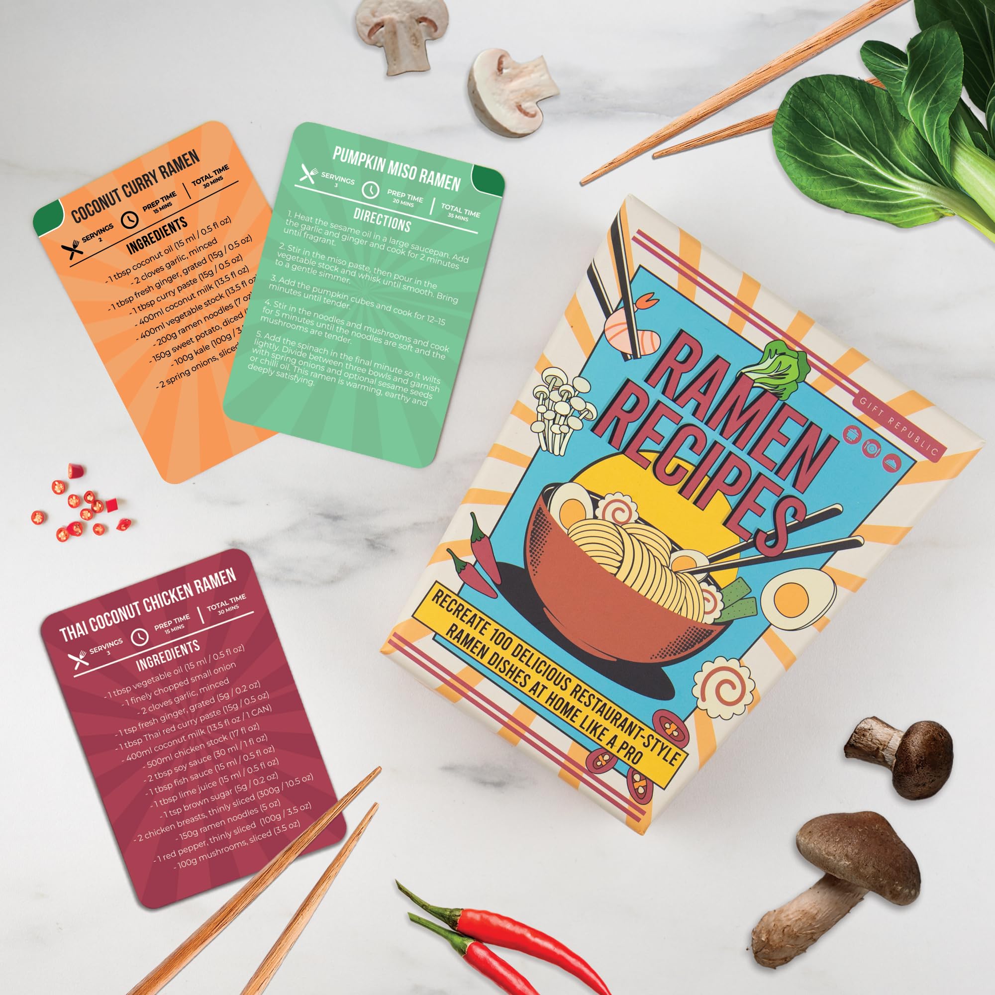 Gift Republic Ramen Recipes Card Pack – 100 Easy Noodle Dishes & Broth Ideas – Cooking Gift for Food Lovers