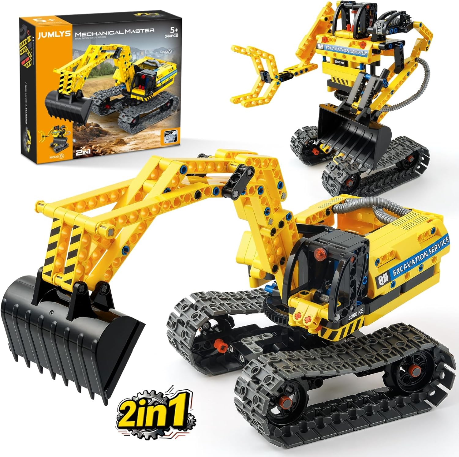 Jumlys STEM Building Toy for Kids Boys Girls Age 5, 6, 7, 8, 9, 10, 11, 12 Years Old, 2 in 1 Excavator Robot Building Sets, 344 Pcs DIY Engineering Construction Building Blocks Kits