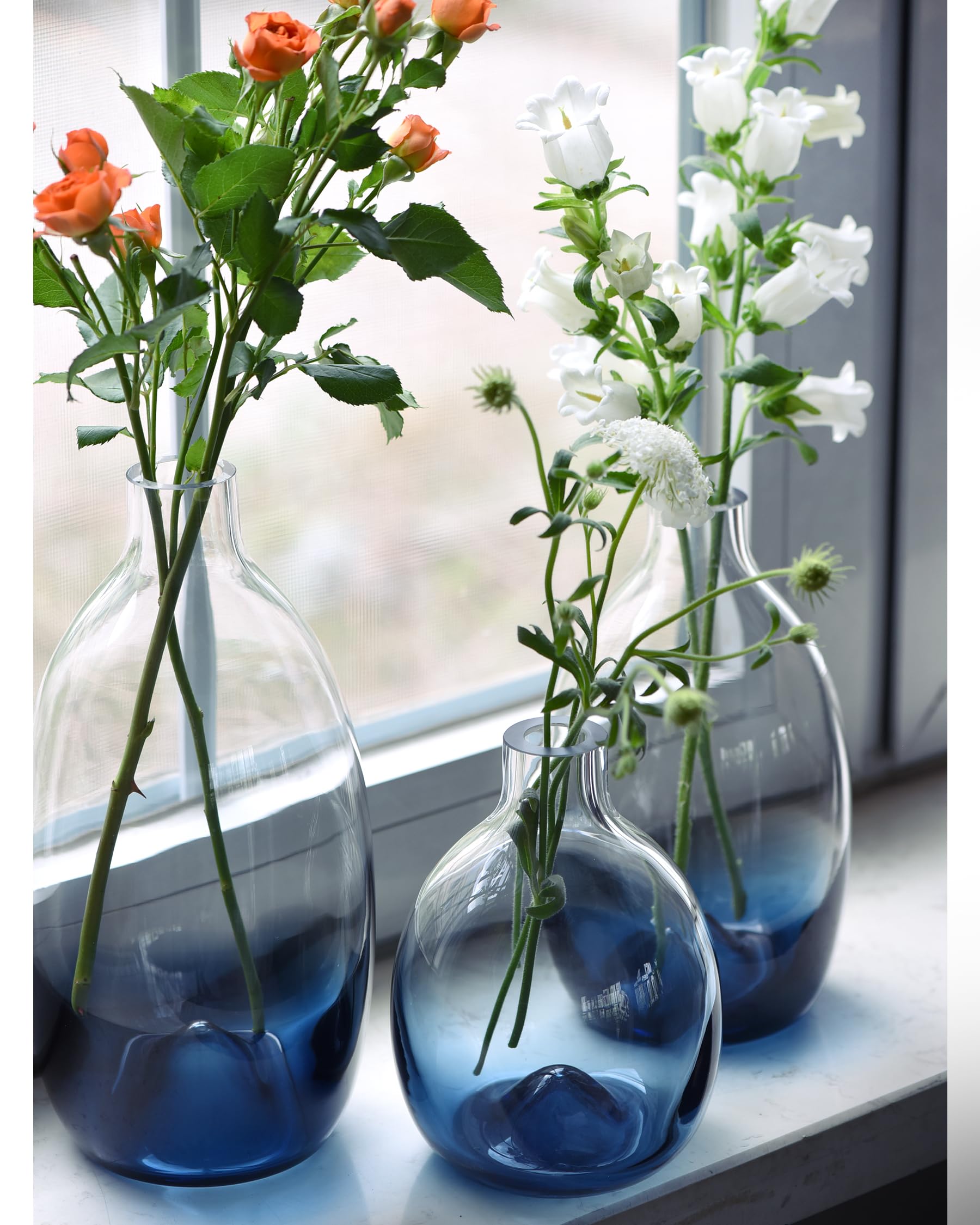 CONVIVA Juego de 3 jarrones de cristal para mesa, jarrones de flores de cristal modernos, azules, decorativos, decoración de habitación, sala de estar, comedor, boda, fiesta, evento, mesa