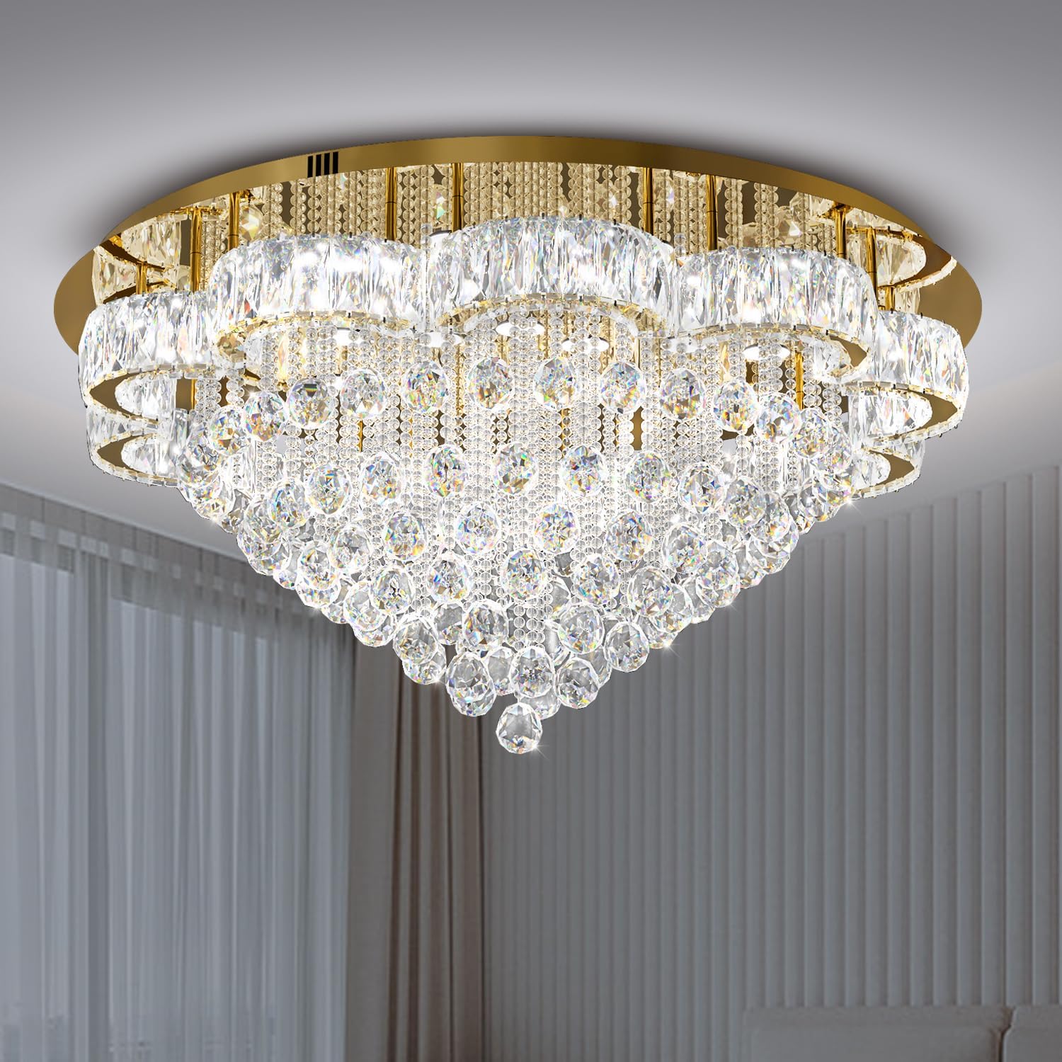 Flashing God 40inches Gold Chanderliers for Living Room Crystal Chandelier Ceiling Light Fixture Raindrop Pendant Light for Foyer Dining Room Hallway Bedroom LED Dimmable Lighting 2700k 4500k 6000k