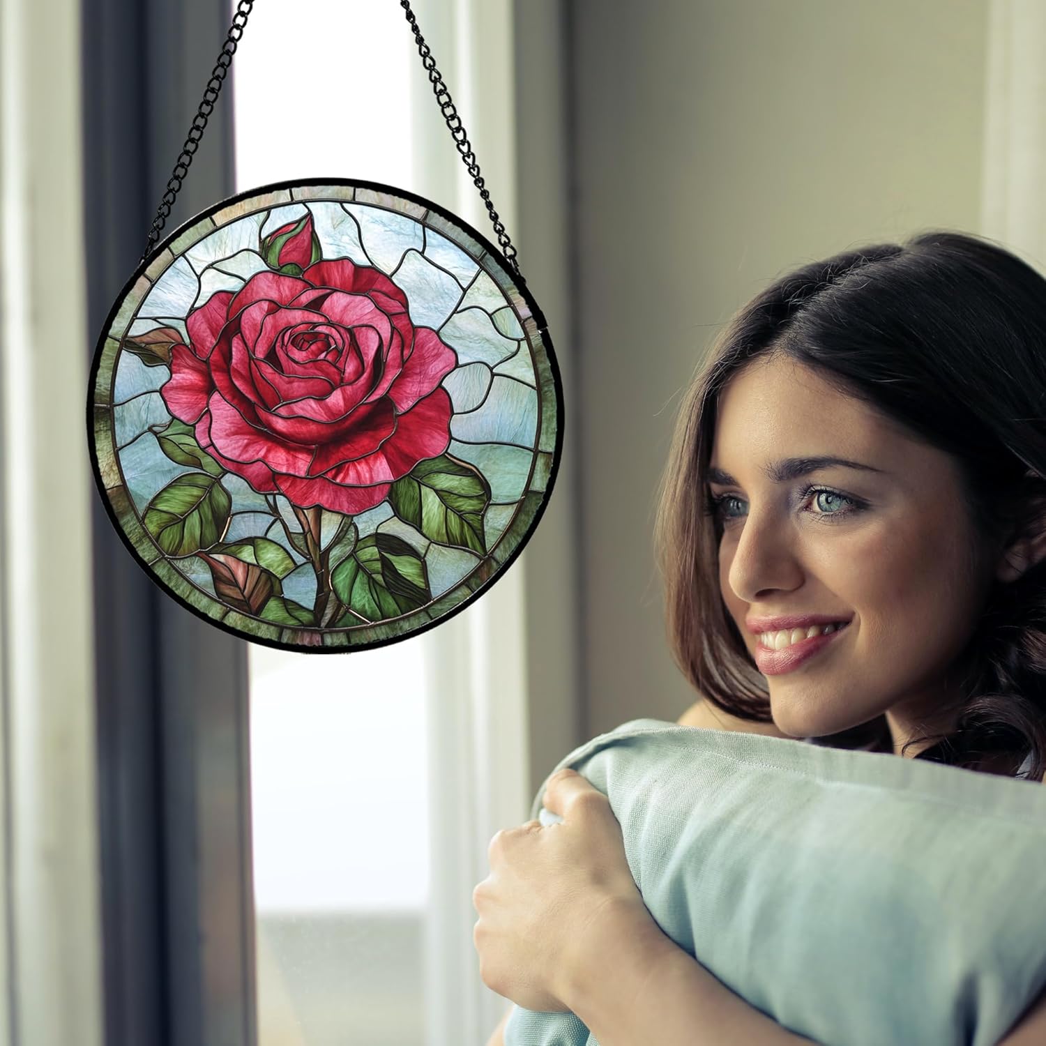 DASTOLL Stained Glass Window Hanging - Red Rose Flower Suncatcher for Door Garden Home Retro Sun Catchers Decoration Christmas Mother's Day Birthday Gifts for Women Men Mom Nana Friend 15 in