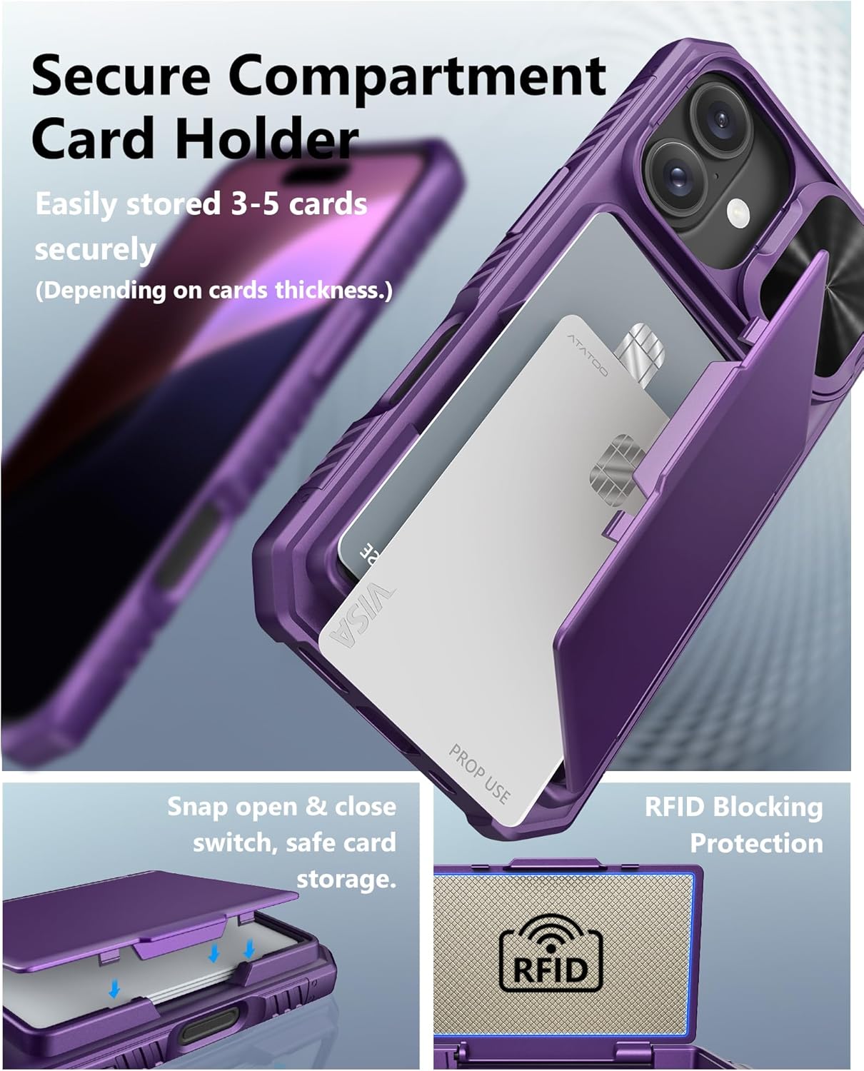 ATATOO for iPhone 16 Case Wallet with HD Tempered Glass Screen Protector [2 Pack], Built-in Card Holder, Slide Camera Cover, Military Grade Protection, Hard Case for iPhone 16 6.1", Dark Purple