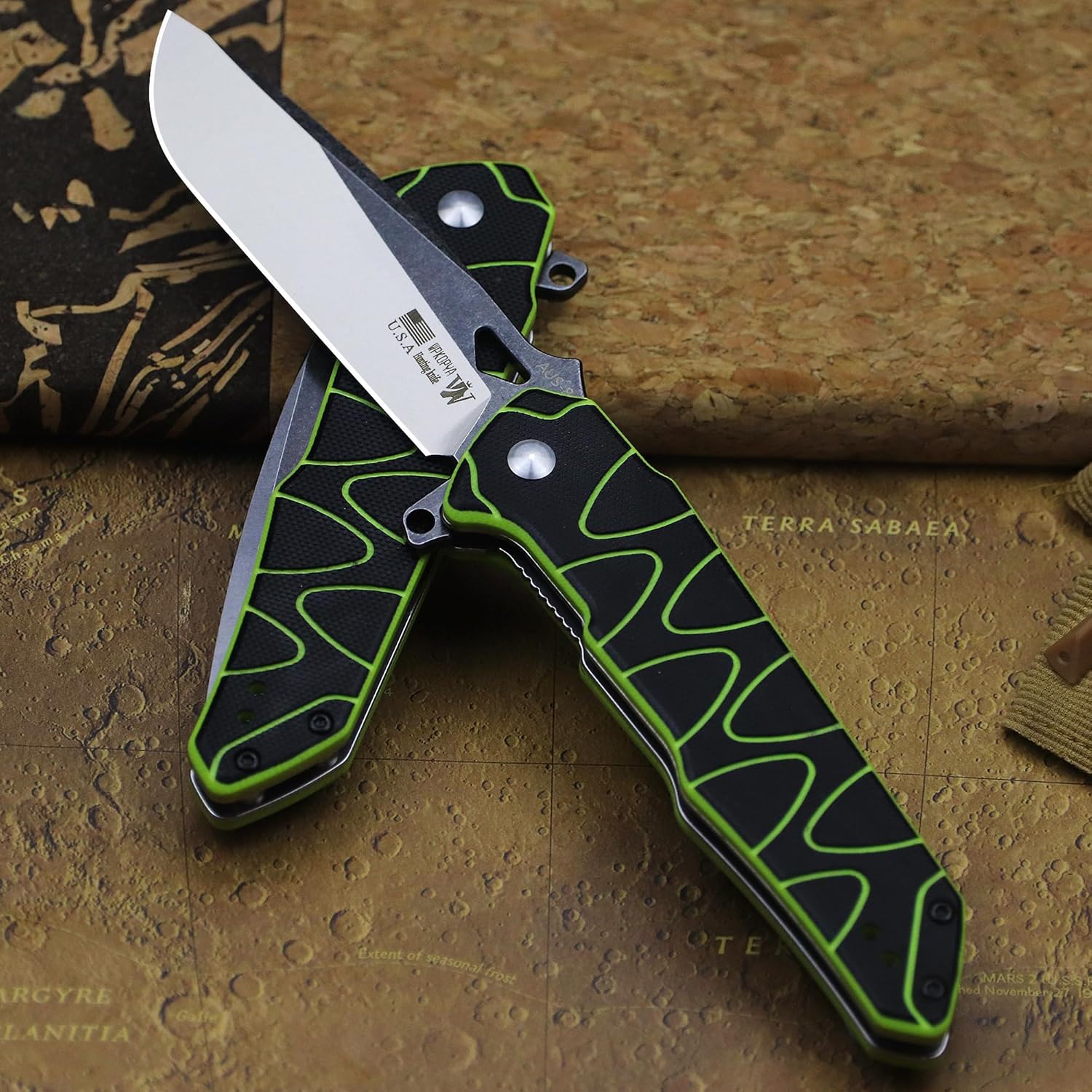 WPKOPYA 8.4in Folding Knife AUS-8 Steel Blade, G10 Handle with Anti-Slip Texture, Ball Bearing Pivot, Stonewashed Finish, EDC Pocket Knife for Camping, Hiking, Survival (AUS-8 (G10 black/green))