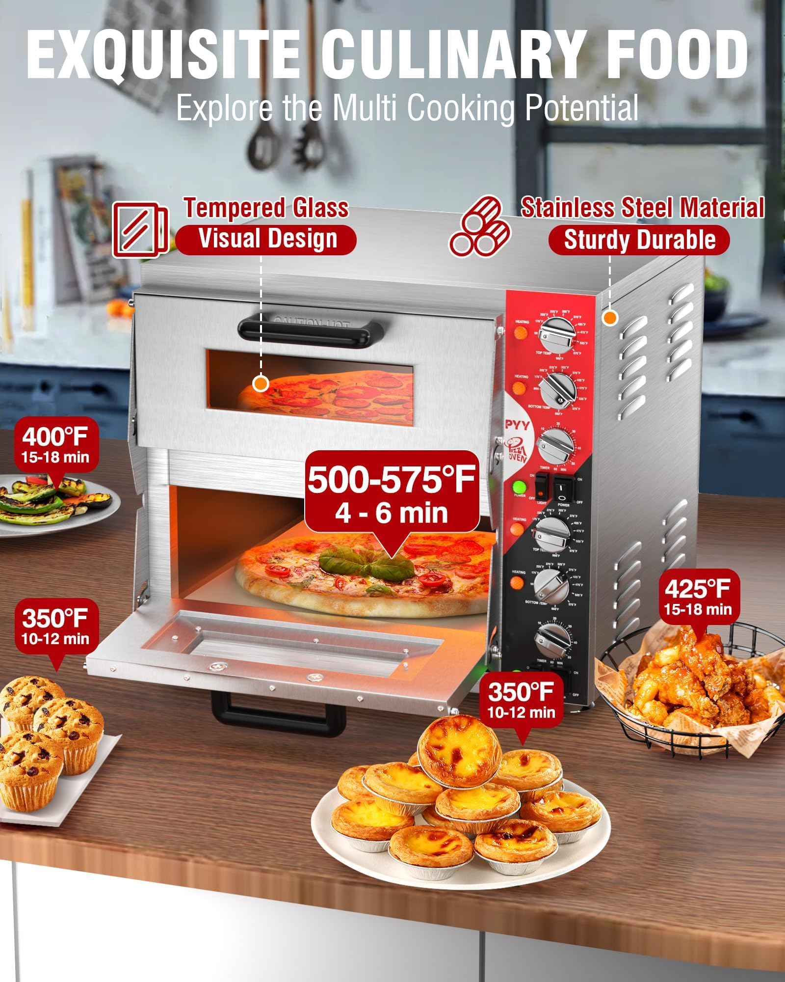 PYY 16 Inch Indoor Pizza Oven Countertop - Double Decker Electric Pizza Ovens with Pizza Stone, 60-Min Ring Timer, for Home and Restaurant, 3200W, ETL Listed - Additional View