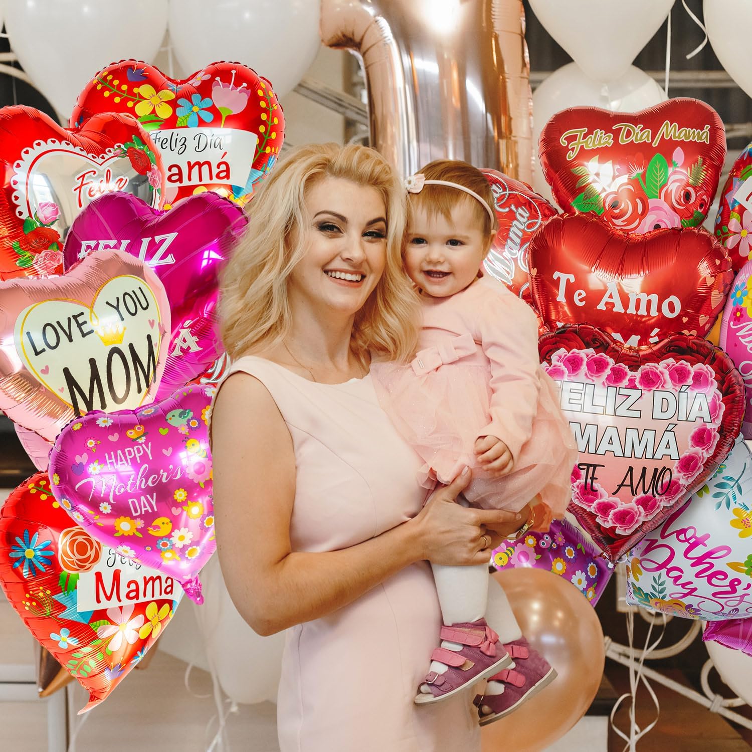 72Pcs Mother Day Foil Balloons, Happy Red Heart Mom Mylar Day Balloons for Best Mama Ever Mom Birthday Party Decoration