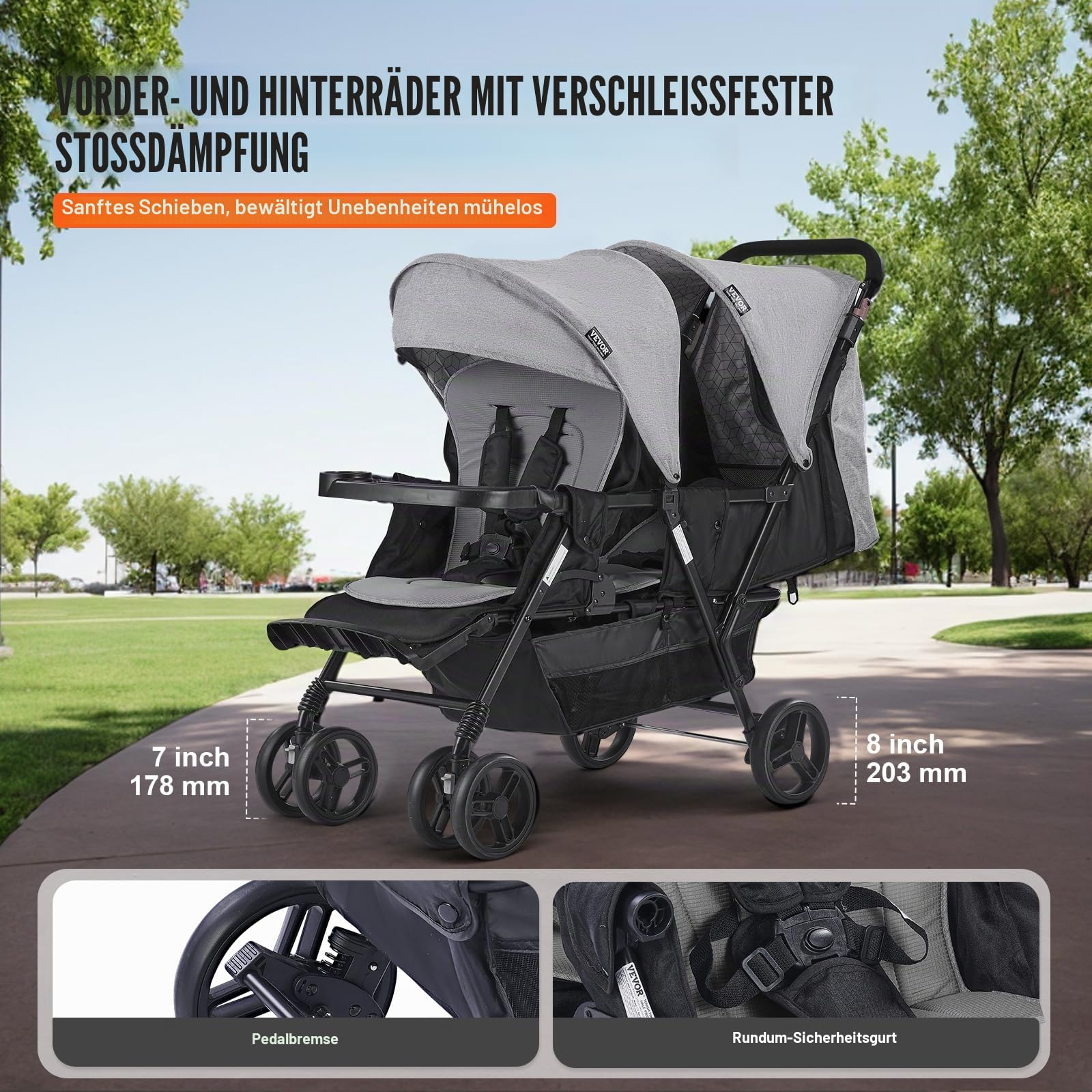 VEVOR Geschwisterwage, faltbarer, Zwillingskinderwagen mit Tandemsitz, verstellbarer Rückenlehne/Fußstütze, Sicherheitsgurt, Aufbewahrungskorb und Tablett, für Neugeborene und Kleinkinder (dunkelgrau)