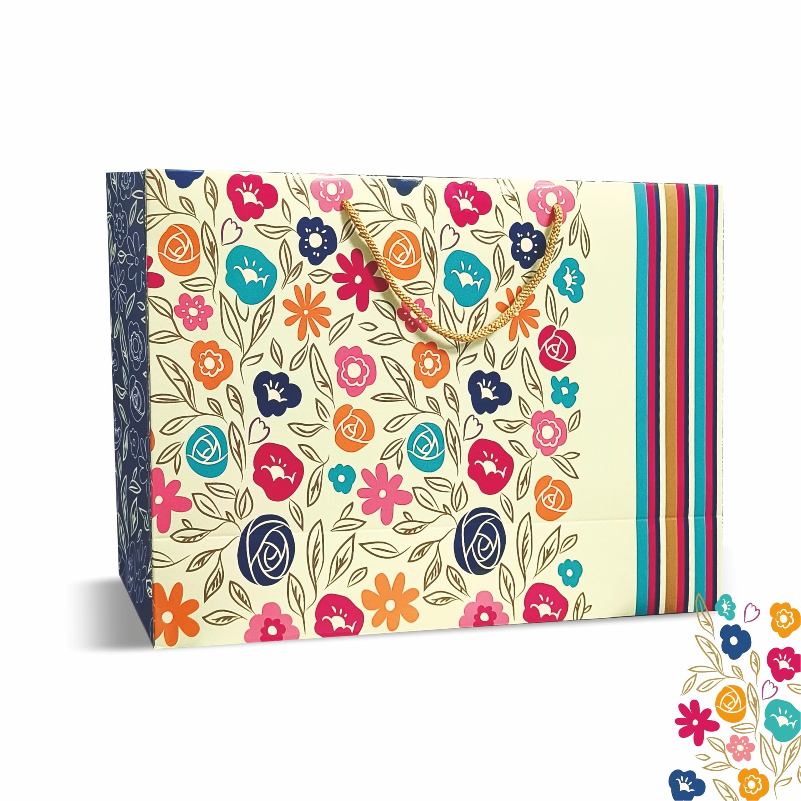 VESTTA -ELEGANCE REDEFINED Gifts Bags with Colourful Flowers, Pack of 10, Weddings, Birthdays, Diwali with Gift Tags (Large((14 Inch (L) x 4.5 Inch (B) x 10 Inch (H), Off-White)