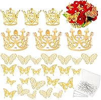 80PCS Gold Flower Bouquet Accessories: 6 Mini Crowns, 24 Butterflies, 50 Pins for Weddings, Birthdays, Cakes & Valentine's Decor