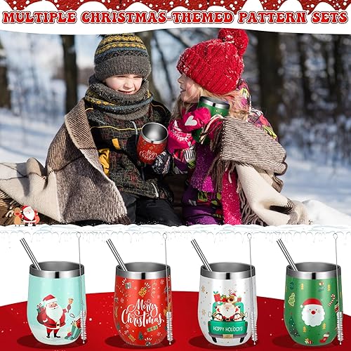 Miniatura 5 de Umigy 4 vasos de vino de Navidad con tapa para popote y cepillo, vaso aislado de acero inoxidable de 12 onzas, taza de café de viaje para recuerdos